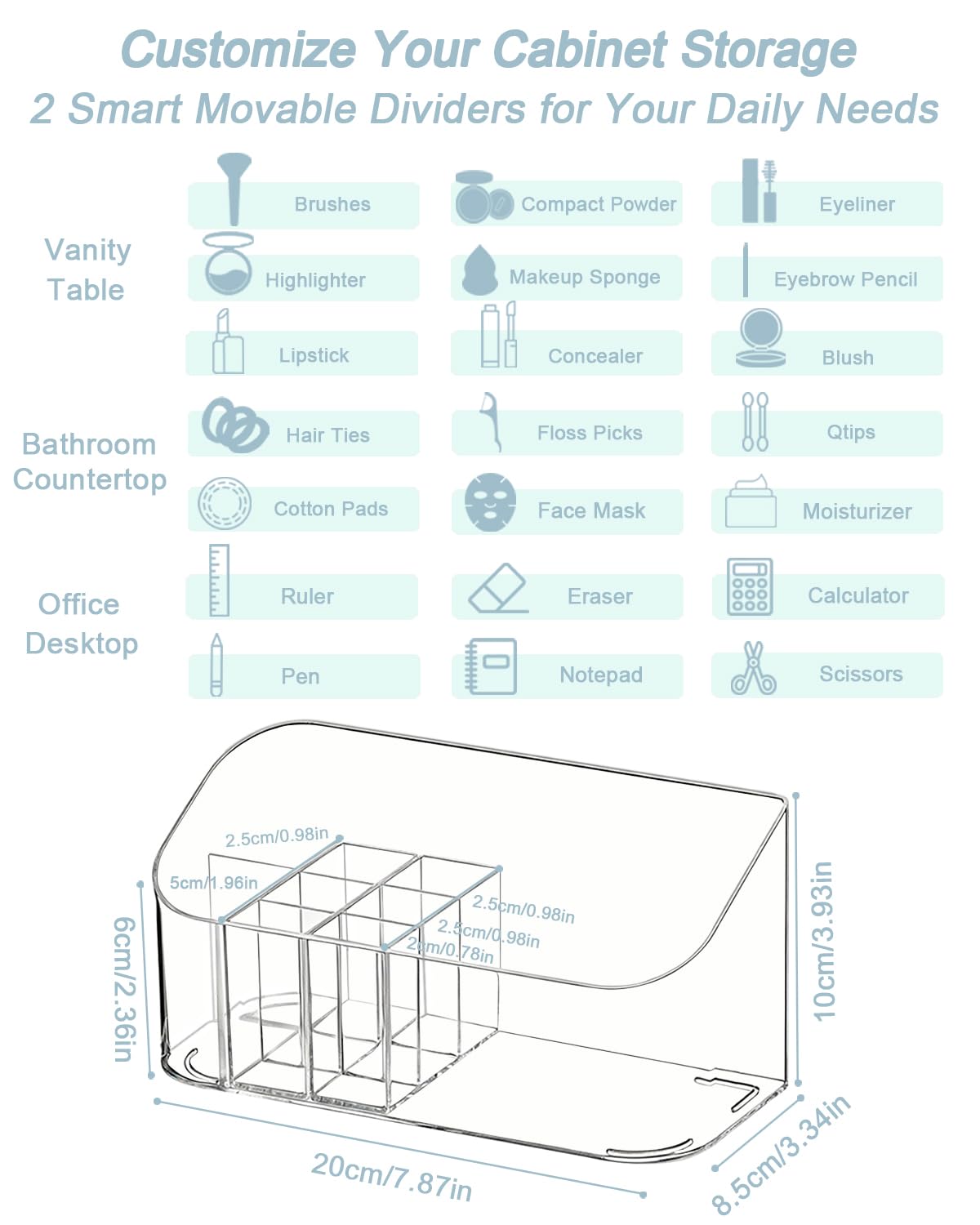 Makeup Tray Holder Organizer Cosmetic Display Case Tabletop Desktop Vanity Countertop Bathroom Wall Cabinet Medicine Storage Box 9 Dividers 2 Removable Women Ladies Girls Gifts Crystal Clear 1 PACK