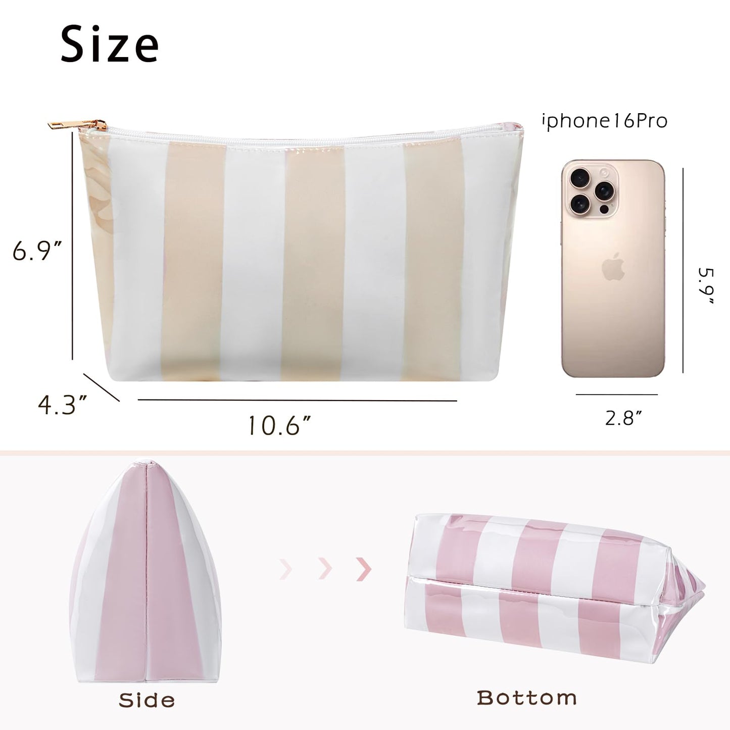 Large PVC Waterproof Striped Makeup Bag,Clear Coated Cosmetic Bags,Easy to Clean,Travel Organizer Zipper Pouch Beach Vacation Essentials for Women Girls(02Beige)