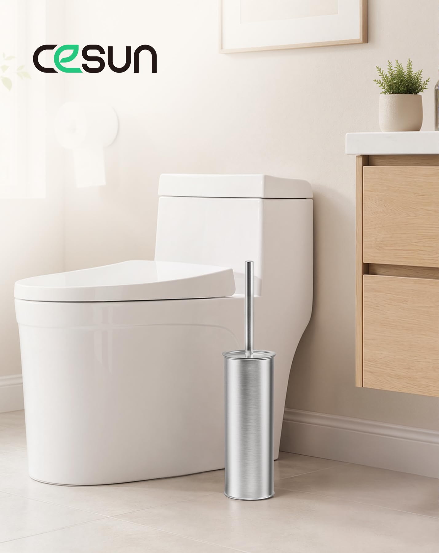 Cesun Toilet Brush and Holder Set, Curved Toilet Bowl Brush for Under Rim Cleaning, 304 Stainless Steel Holder, Weighted Base, Long Handle Toilet Scrubber, 2 Brush Heads, Silver