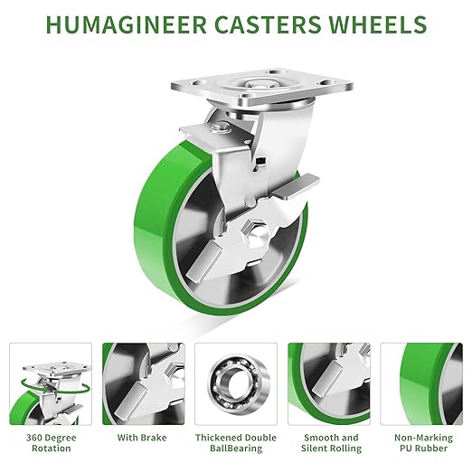 6 Inch Industrial Swivel Casters with Brake (2 Pack), Heavy Duty Industrial Grade Caster, Maintenance-Free Aluminum Core PU Wheels 2500 LBS, Durable Casters Wheels for Industrial, Machine
