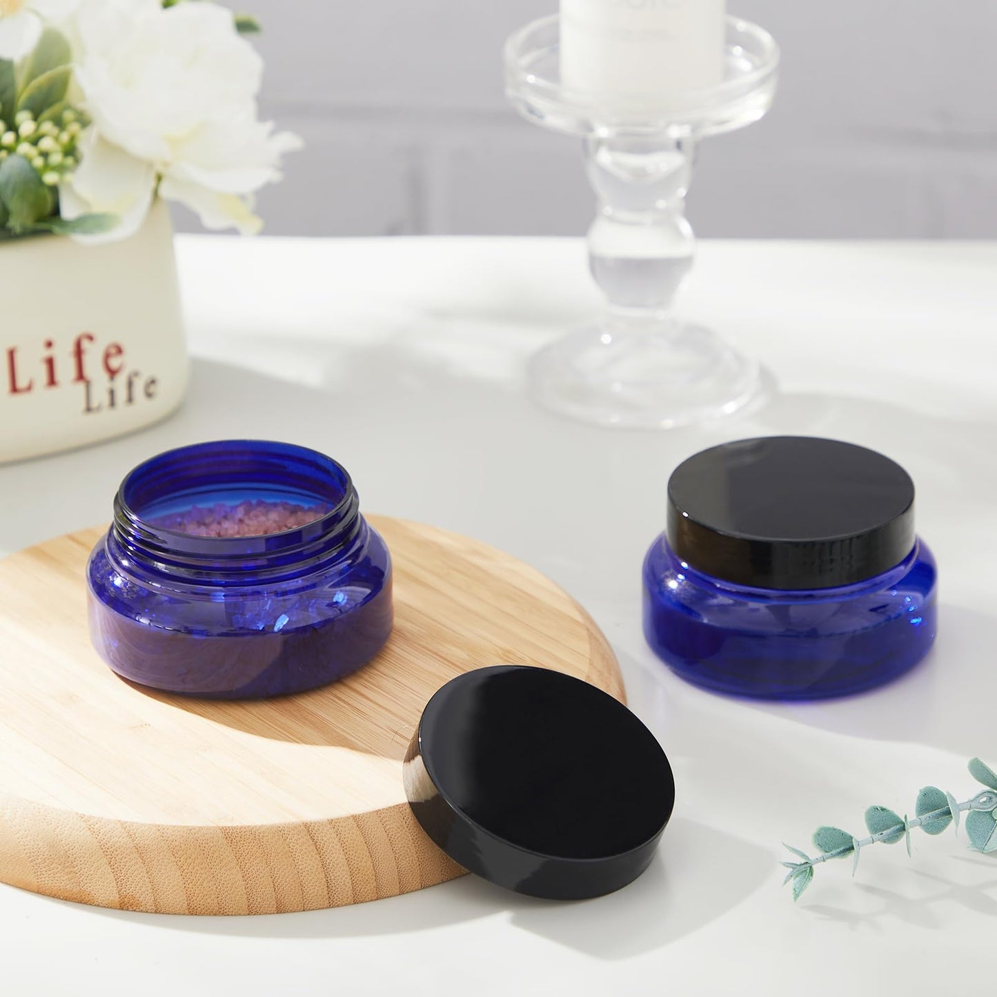 Tessco for you 24 Pack Plastic Jars with Lids Labels Multiuse Slime Containers Empty Body Scrub Jars Round Refillable Cosmetic Body Butter Container for Makeup (5 oz,Blue,Black)
