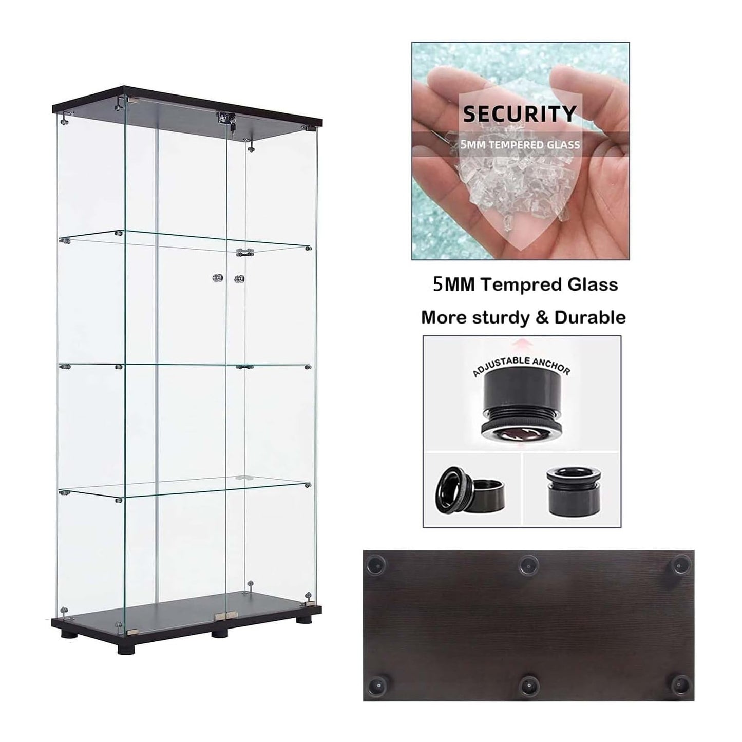 APRILSOUL Glass Display Cabinet 4-Shelf with Double Door, Curio Display Cabinet with 5mm Tempered Glass, Floor Standing Bookshelf for Bedroom, Living Room, 64 x 31.7 x 14.3 in, Black