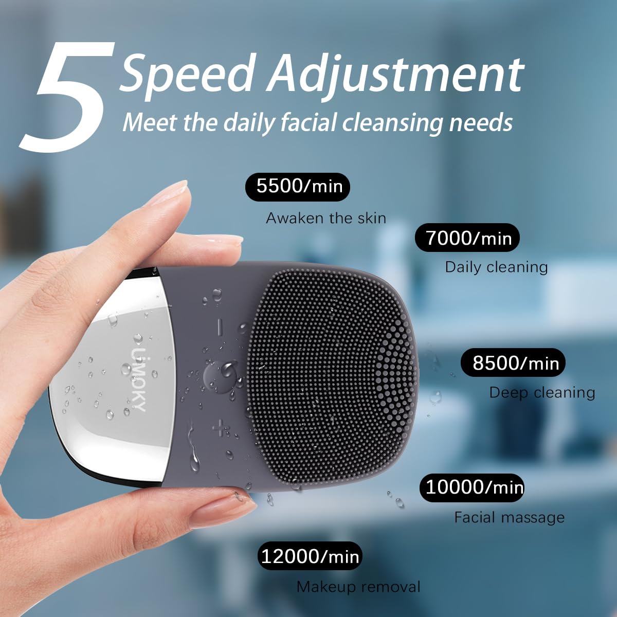 Facial Cleansing Brush, 3-in-1 Electric Silicone Face Scrubber, Vibrating Massager, IPX7 Waterproof, USB Rechargeble Pore Brush for Deep Cleanning, Blackhead Remover, Exfoliating (Gray)
