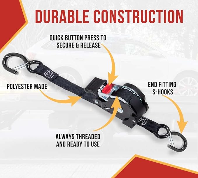 Mytee Products 4 Auto Retract NO-RATCHETING Ratchet Straps | 1" x 12' Retractable Ratchet Straps with Coated S Hook Tiedowns for Motorcycles, ATVs, Bikes: Tight & Secure Pickup Trailer Tie-Down