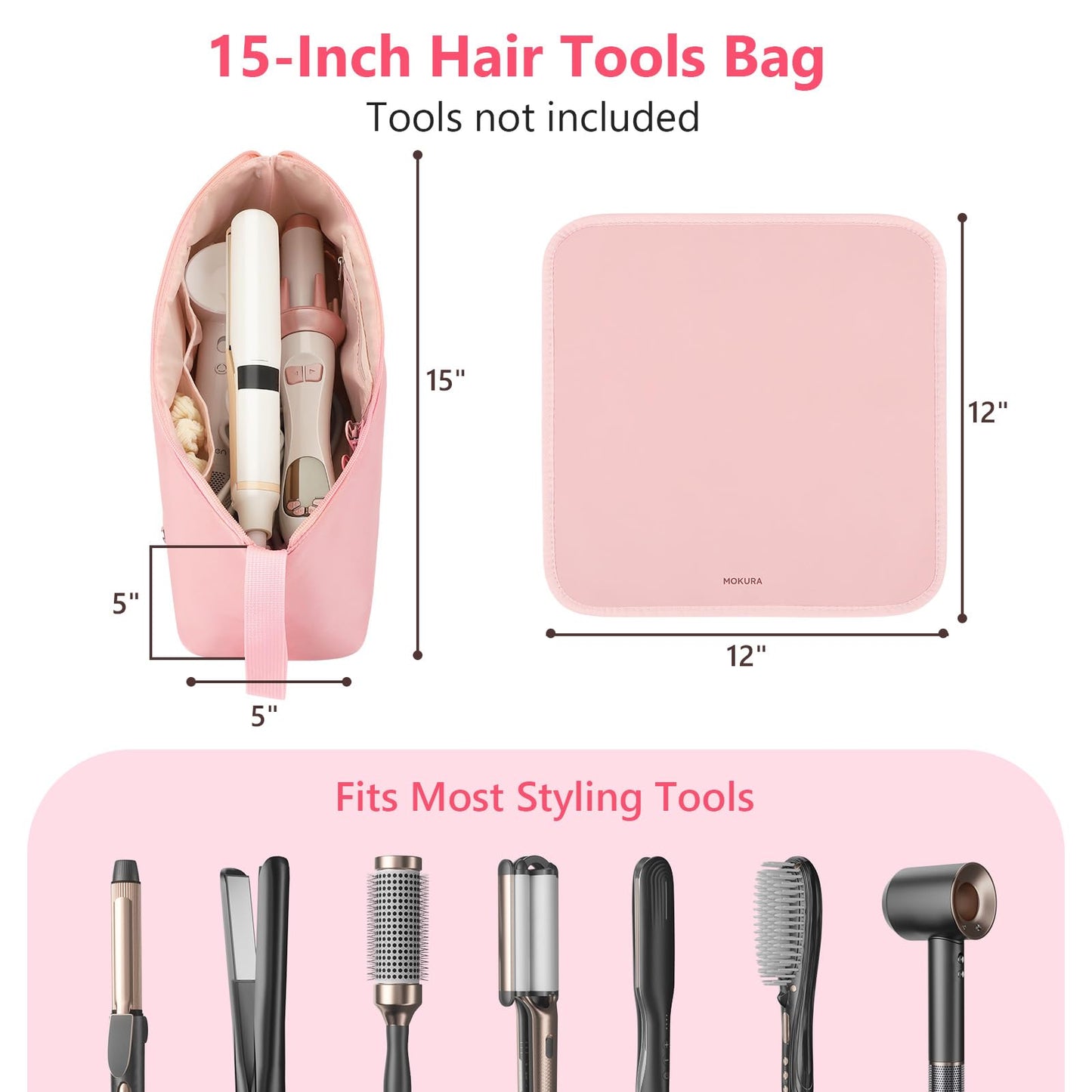 MOKURA Hair Tools Travel Bag with Heat Resistant Mat, Women Hot Hair Accessories Organizer Case, Storage Pouch for Curling Iron Straightener Flat Iron, Gifts for Women, Mon, Girlfriend, Pink