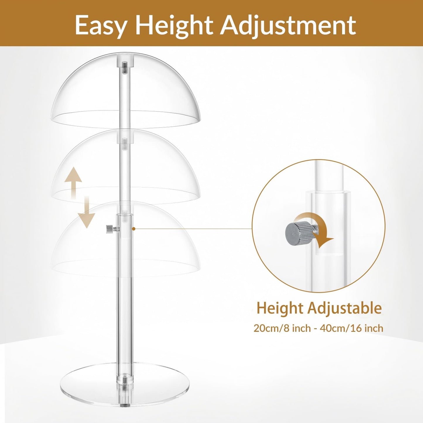 HONTUU Acrylic Hat Display Stand 8-16 inch Adjustable, Clear Domed Hat Stand Rack for Baseball Cap Cowboy, Wig Holder Stand Organizer for Dresser Closet Vendors (Adult styles, 1)