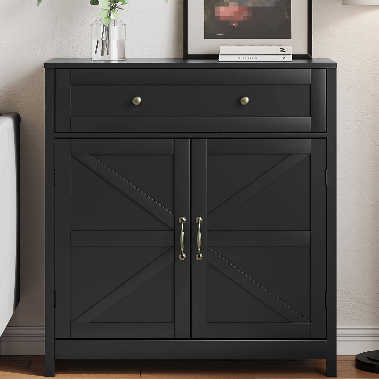Mino Kesper Buffet Sideboard with 2 Barn Doors,Black Kitchen Cabinet with Adjustable Shelf, Freestanding Floor Storage Cabinet