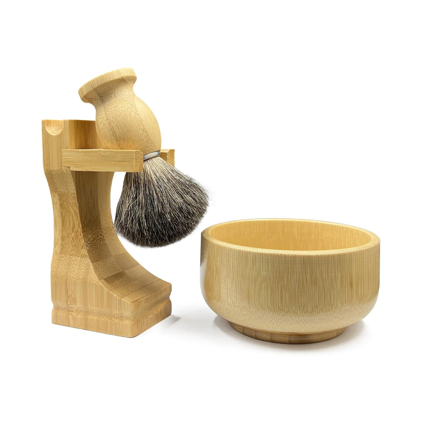 Kikc Shaving Brush Set, Pure Badger Shave Brush & Bamboo Bowl with 2 in1 Shaving Stand,Complete Men's Wet Shaving Kit, Eco-Friendly Bamboo Handle, Lathering Bowl & Razor Stand (Horizontal/Hanging)