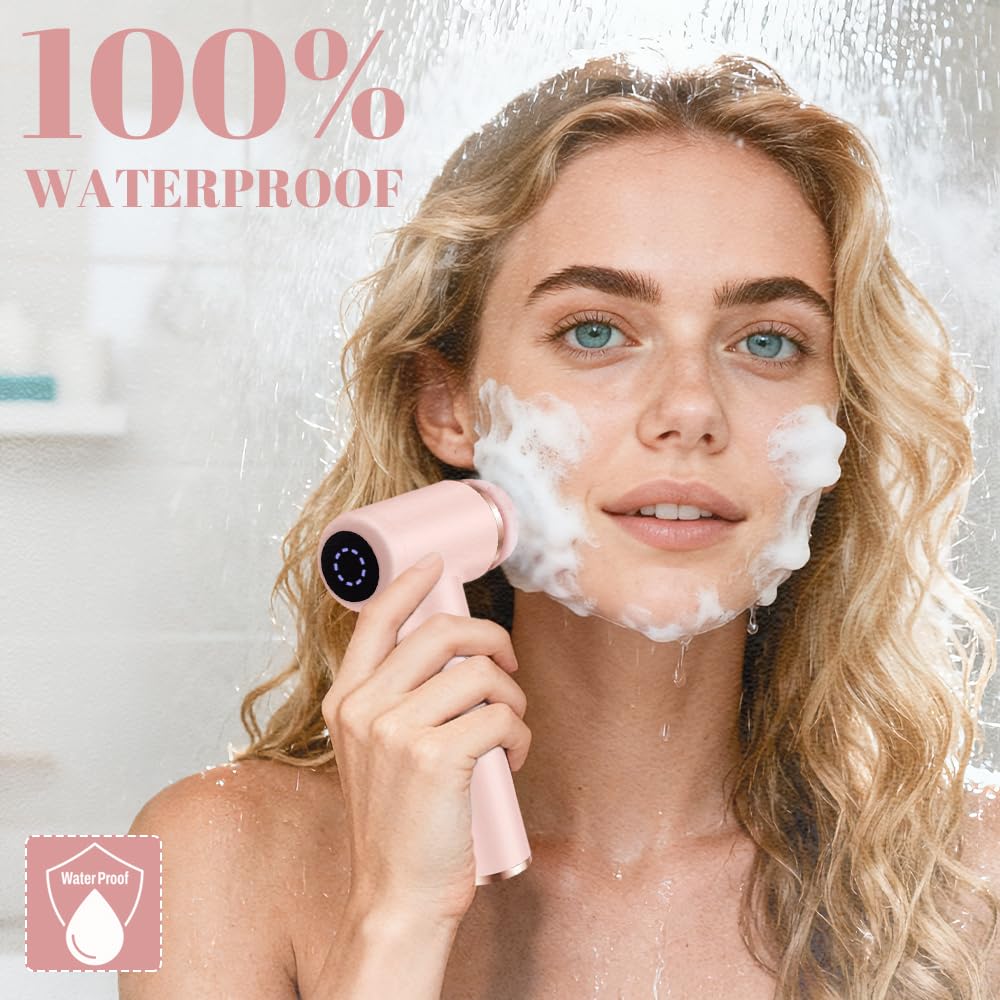 Dexmary Facial Cleansing Brush, 5 Speeds Adjustable Facial Brush, Waterproof & Rechargeable Face Scrubber Exfoliator with 4 Brush Heads for Women, Pink