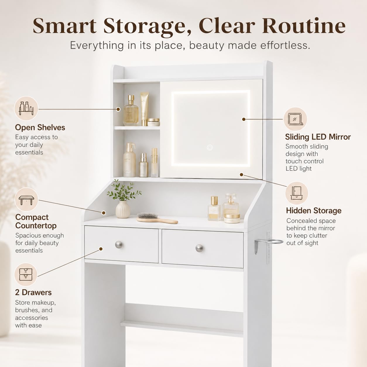 Viaozutis Small Makeup Vanity Desk with Sliding Mirror & Dimmable LED Lights, White Vanity Table with 2 Drawers, Hidden Storage, Power Outlets, USB Ports & Hair Dryer Holder for Bedroom(White)