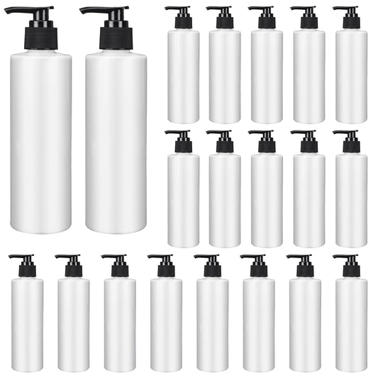 20 Pack Plastic Pump Dispenser Bottle Bulk, 8 oz Empty Lotion Bottle Refillable Containers with Pump for Shampoo Massage Oil Dispensing Travel Daily Life (White)