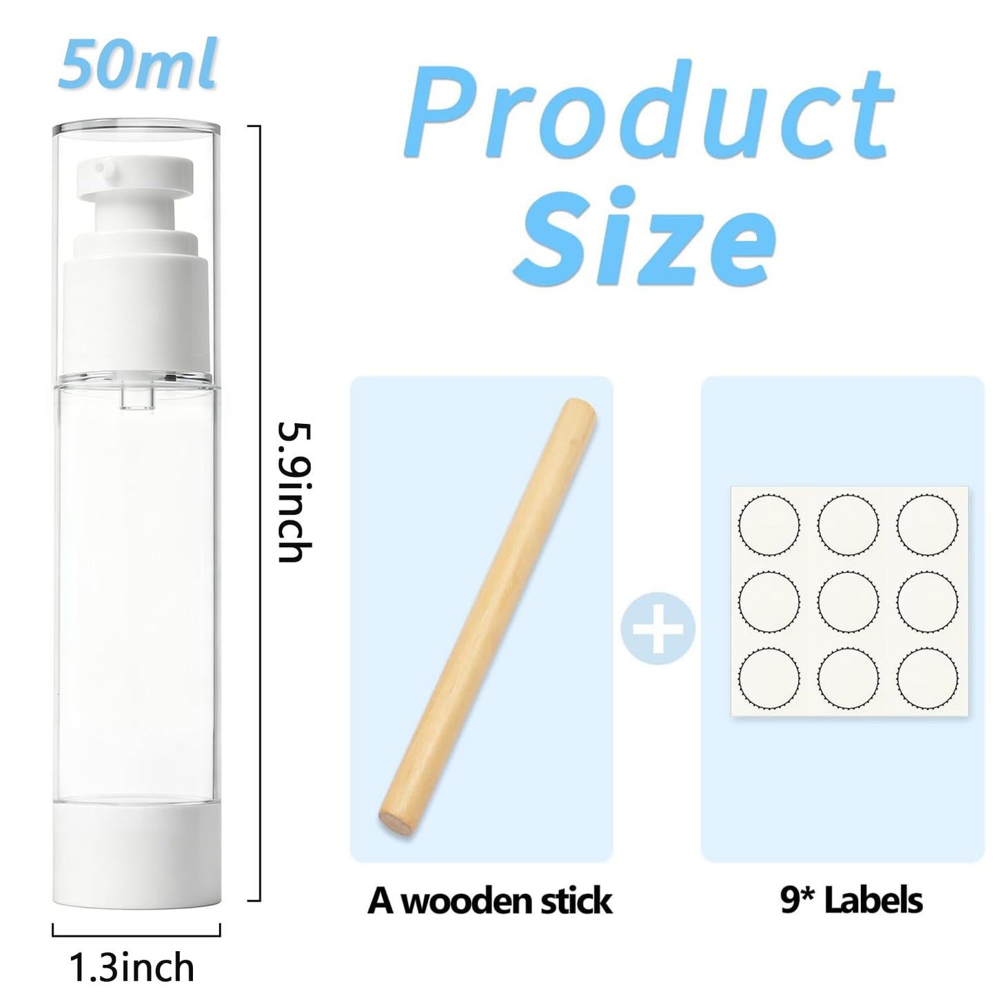 GIVITASOT 1.7OZ/50ML Airless Pump Bottles, 6 Pack Lotion Dispenser Travel Size Pump Bottles, Vacuum Cosmetic Travel Bottle for Lotion, Creams, Foundation, Cosmetic, with Labels, Wooeden Stick