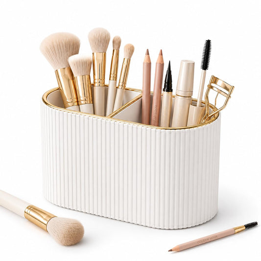 GORESE Makeup Brush Holder Organizer with 2 Slots, PU Leather Small Make Up Organizer for Vanity Bathroom Countertop, Gift for Women(Ivory White)