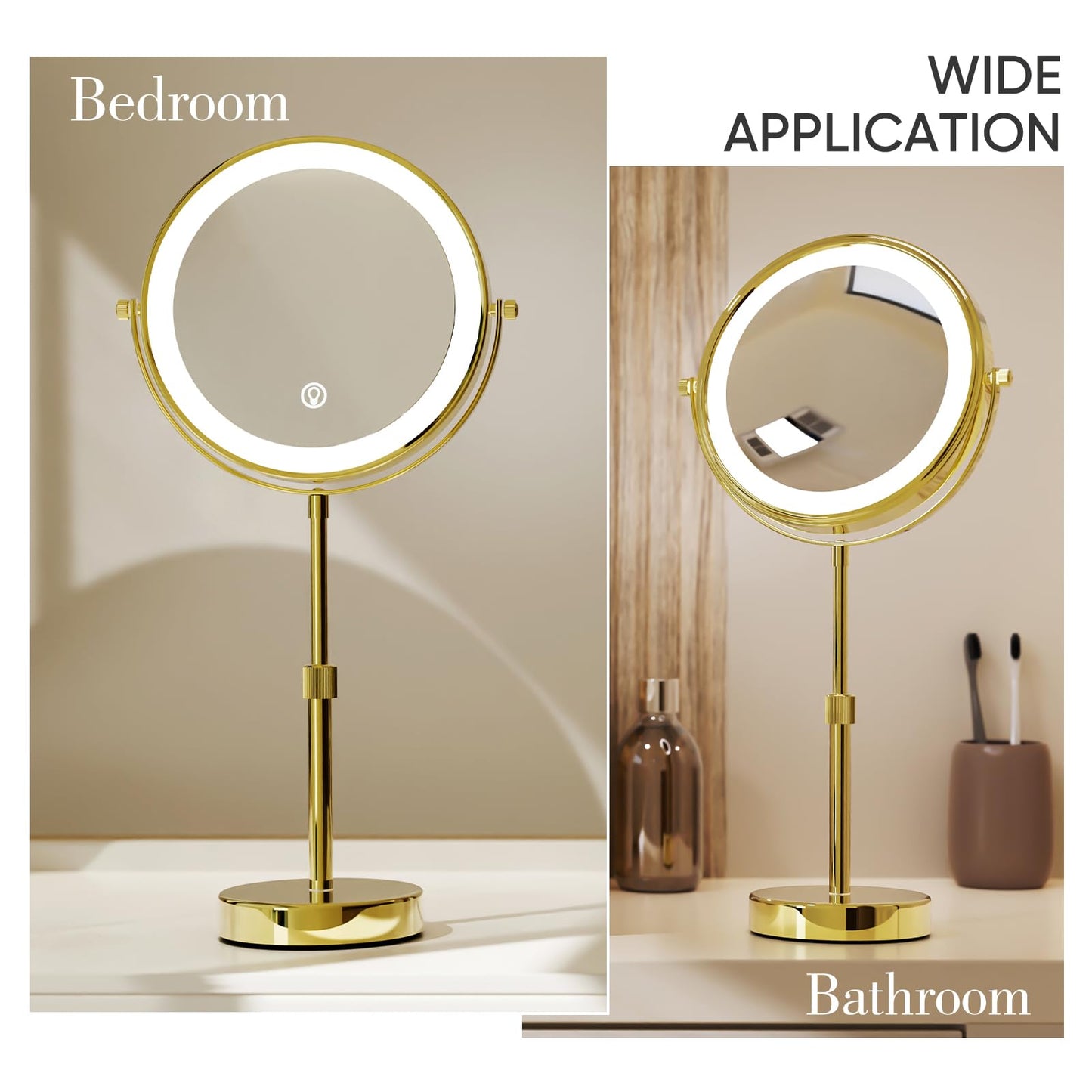 Nicesail 8” Rechargeable LED Magnifying Makeup Mirror with 3 Color Lights and 10X Magnification, Height Adjustable Stand up Lighted Magnifying Mirror, Double Sided 360°Rotation, Shiny Gold Finish