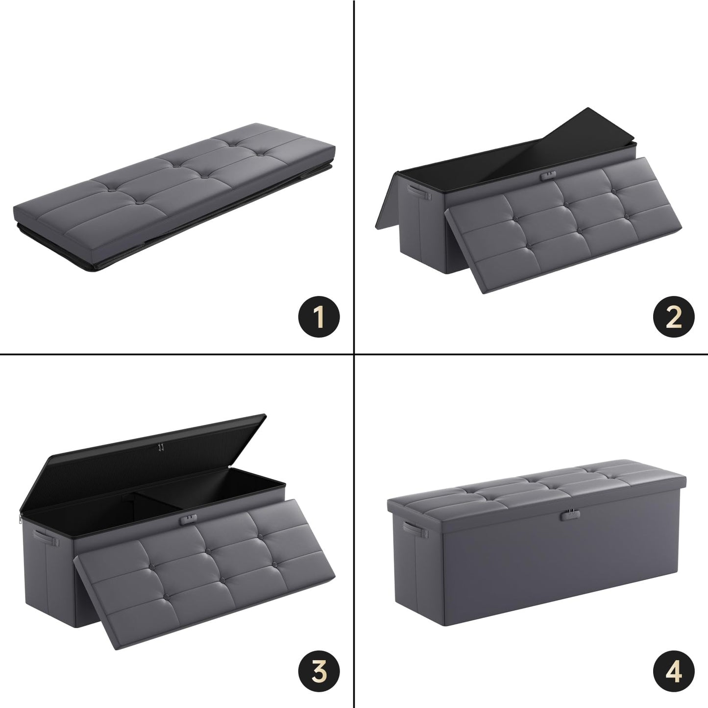 DocSafe Storage Ottoman Bench, Fireproof＆Waterproof Folding Bench with Lock(15”x 43”x15”), Leather Storage Chest with Handles＆2 Extra Boxes, Ottoman Safe for Bedroom,Living Room,Home Office, Gray