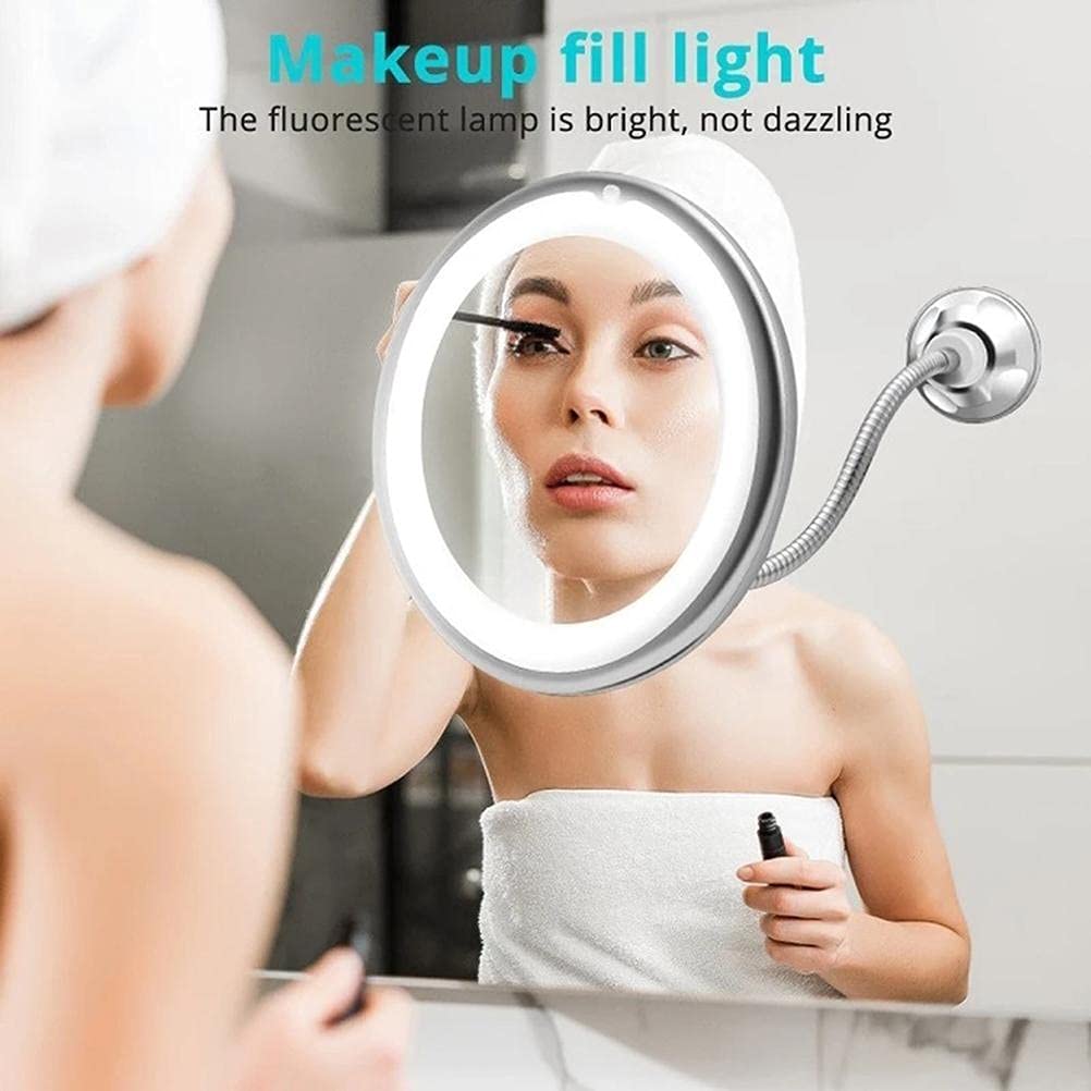 Gazaar Lighted Makeup Mirror, 10X Magnifying Makeup Mirror with Suction Cups, 360° Swivel Flexible Mirror, Magnifying Travel Vanity Mirror for Bathroom Shaving Vanity Mirror (White)
