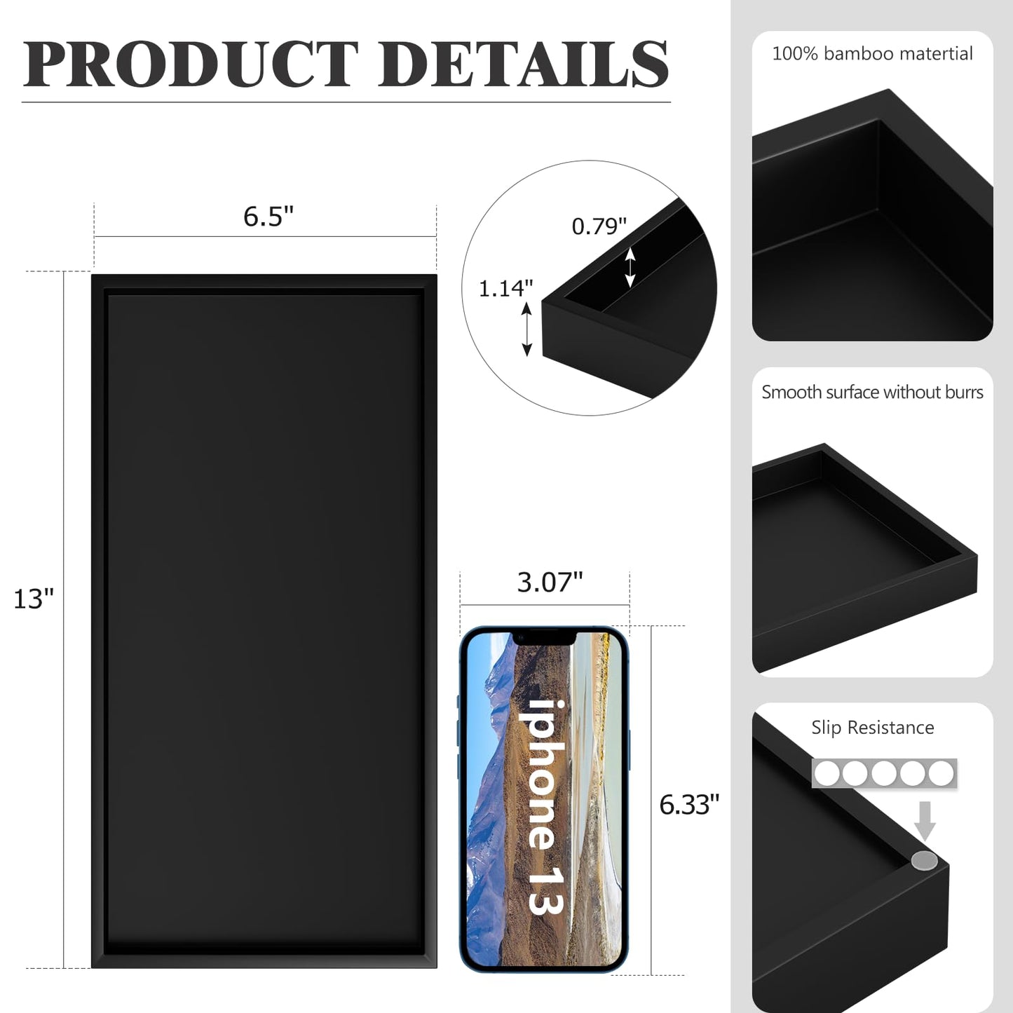 ZHWS Black Bathroom Vanity Tray for Countertop Perfume Makeup Jewelry Candle Decor, Kitchen Tray for Soap Dispenser Spice Salt, Large Black Tray for Toilet Tank Paper, Serving Nightstand 13”x6.5”