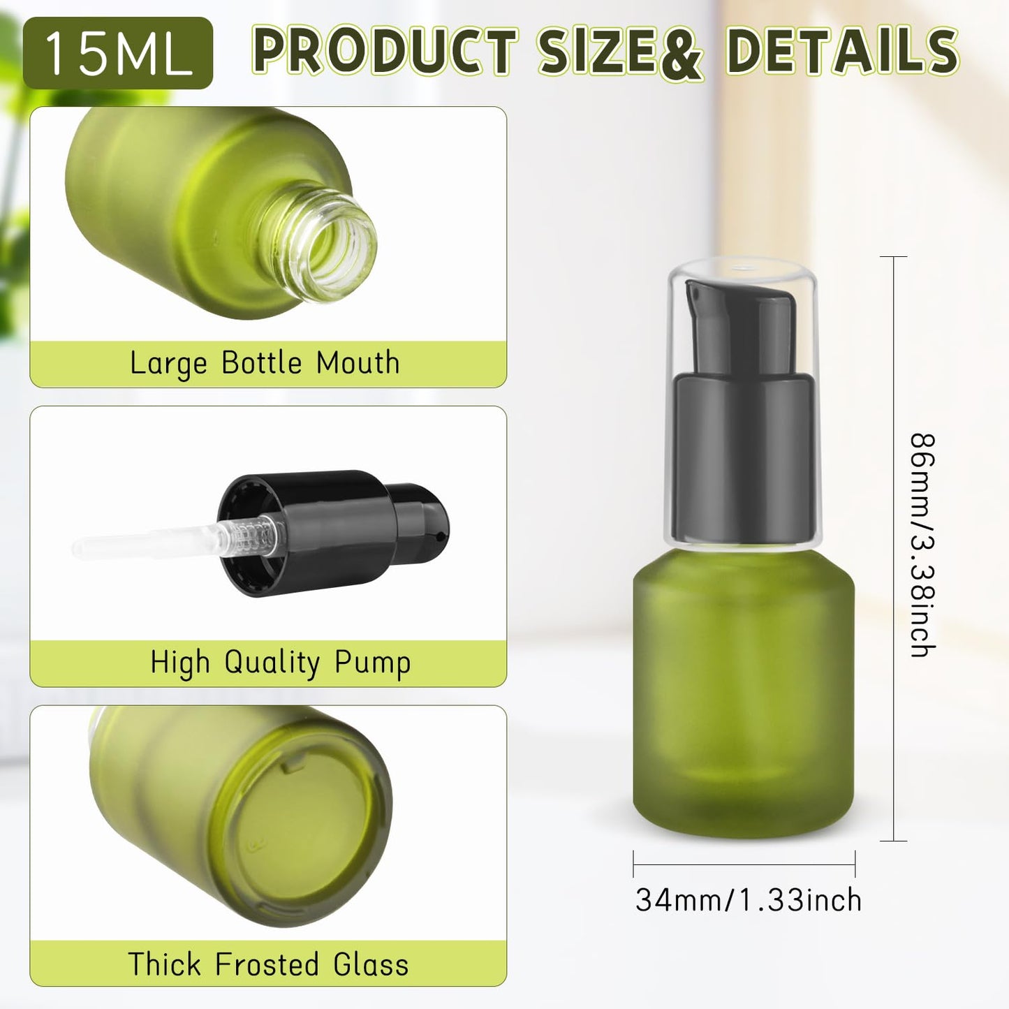 6 Pcs Empty Glass Pump Bottles Refillable Cream Lotion Bottles Travel Sample Bottle Cosmetic Dispenser Bottle Containers For Lotion Cream Emulsion Essence (Green, 15ml/0.5oz)