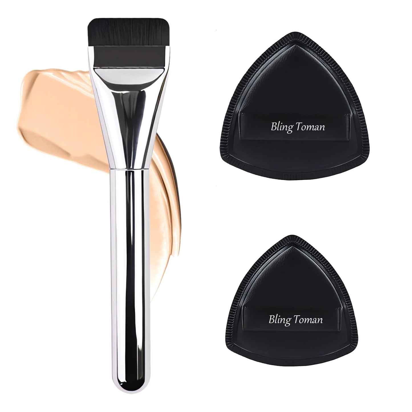 Flat Spatula Foundation Brush Non-Absorbent Ultra-Slim Kabuki Brush Spatula Brush for Foundation Blending Liquid, Cream or Flawless Makeup Application with 2 Puffs