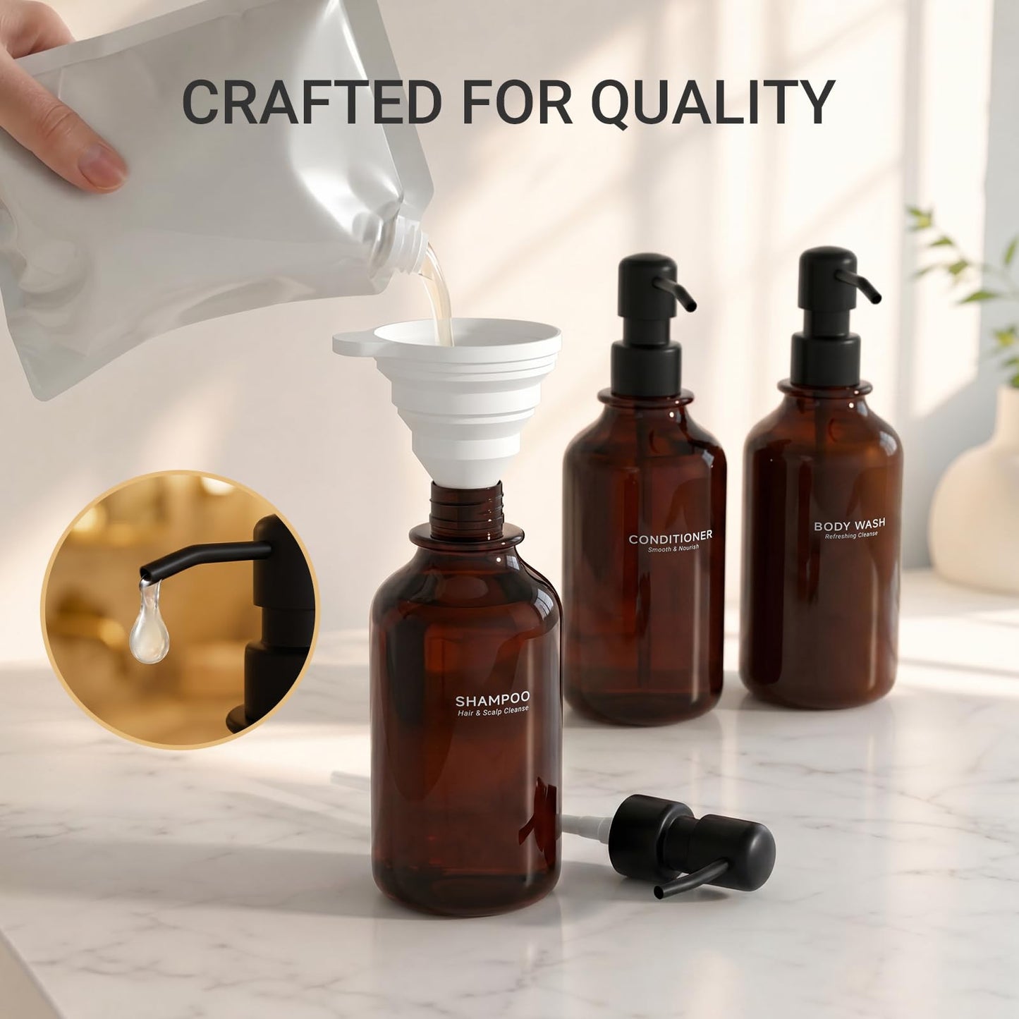 Shampoo and Conditioner Dispenser Set of 3, 17oz Refillable Body Wash Bottles, Shower Soap Dispenser for Bathroom Organization, Rust-Proof Stainless Steel Pumps, 17 Labels, Amber+Black