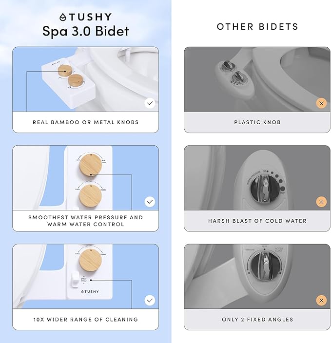 TUSHY 3.0 Spa Cool to Warm Water Bidet Attachment. Easy Universal Toilet Seat Install, Requires Sink Connection for Temperature Control. Fresh Self Cleaning Clean Water (Pink/Bamboo)