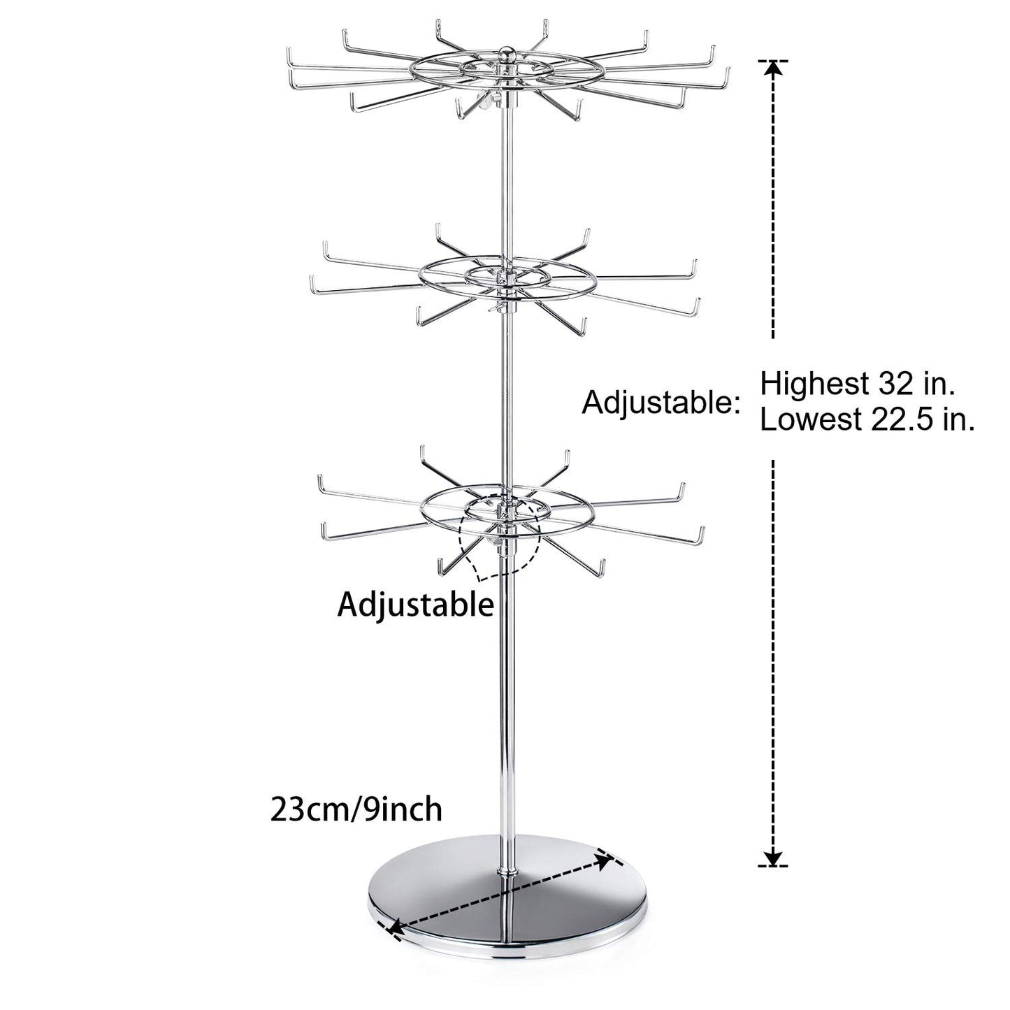 Polmart 3-Tier Spinning Display Stand ，Heavy Duty Adjustable Countertop Stand for Retail, Jewelry, Cosmetics, Crafts ，Sturdy Metal Base 360° Rotating Tiers with Height Adjustable (Silvery)