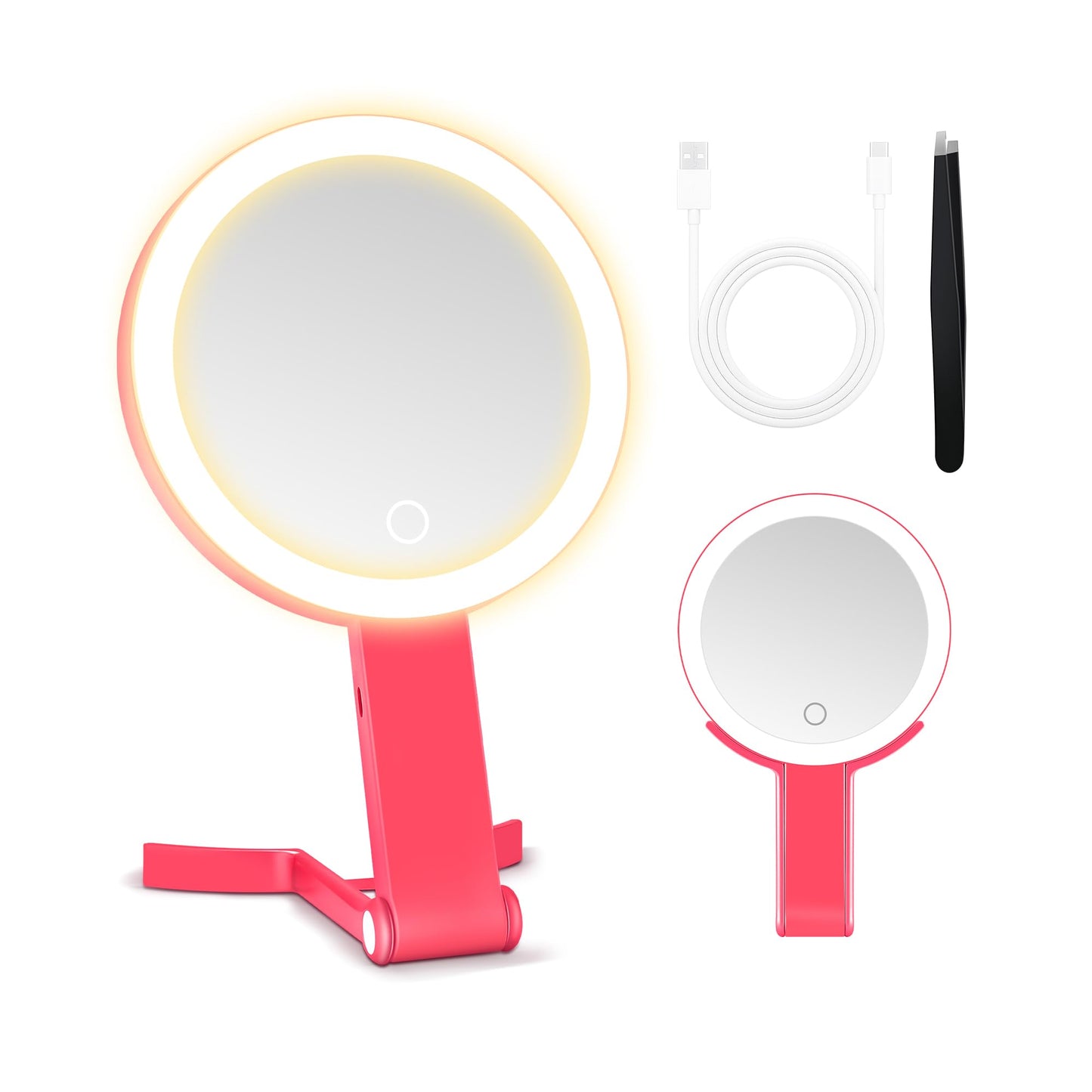 MIYADIVA Magnifying Mirror with Light, Double Sided 30X/1X Lighted Travel Makeup Mirror with Magnification, 3 Color Lighting, Dimmable Touch Screen, Adjustable & Foldable Hand Mirror (Pink)