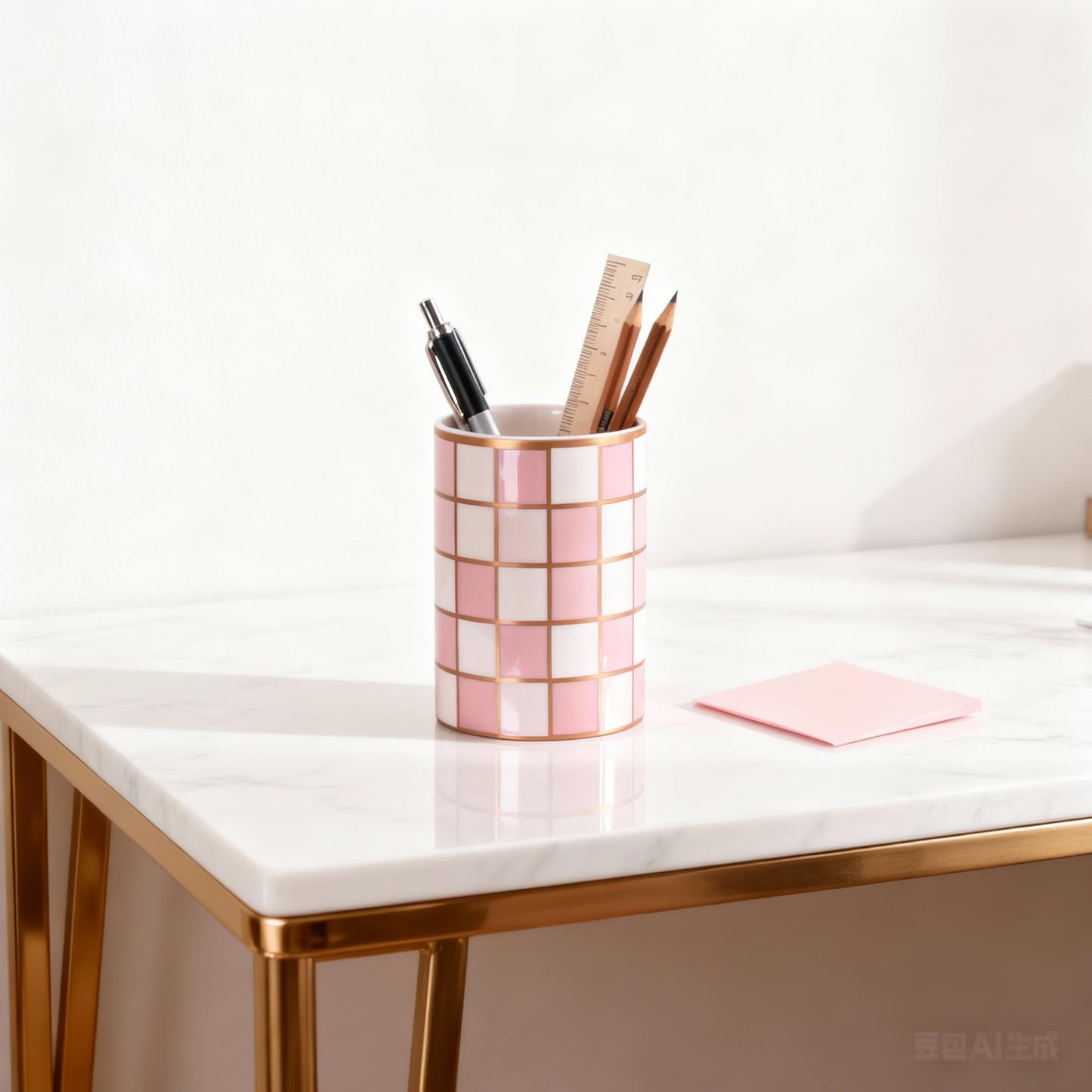 XYQXYQ Ceramic Checkered Pen Holder For Desk,Cute Stand Black And White Pencil Cup,Durable Ceramic Pencil Cup, Decorative Makeup Brush Holder Cup, Stationery Holder for Office, School, Home (Pink)