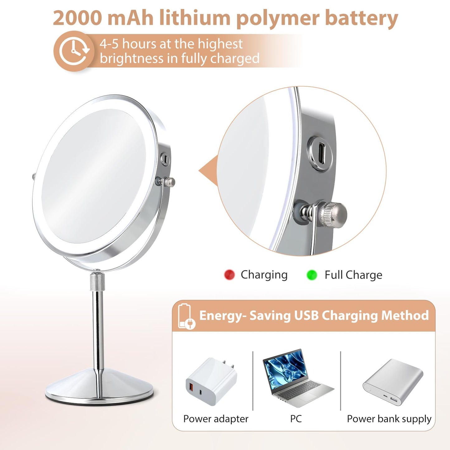 FFowcye 8" Lighted Makeup Mirror with Adjustable Height, 1X/10X Magnification, Rechargeable LED Vanity Mirror with 3 Color Modes, 360° Rotating Touch Screen, Magnifying Tabletop Cosmetic Mirror
