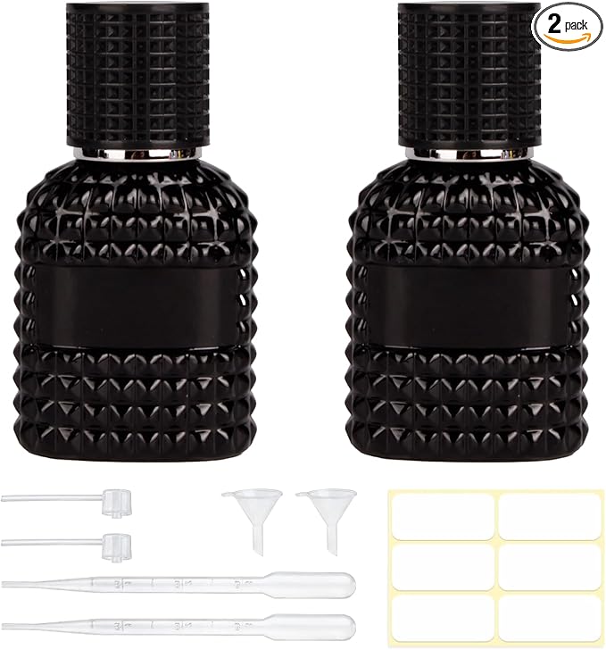 2 Pack 30ml Perfume Spray Bottles Empty, Refillable Glass Fine Mist Atomizer, Portable Travel Perfume Atomizers Fragrance Containers Sprayer for Cleaning, Essential Oils, Liquids (Black)