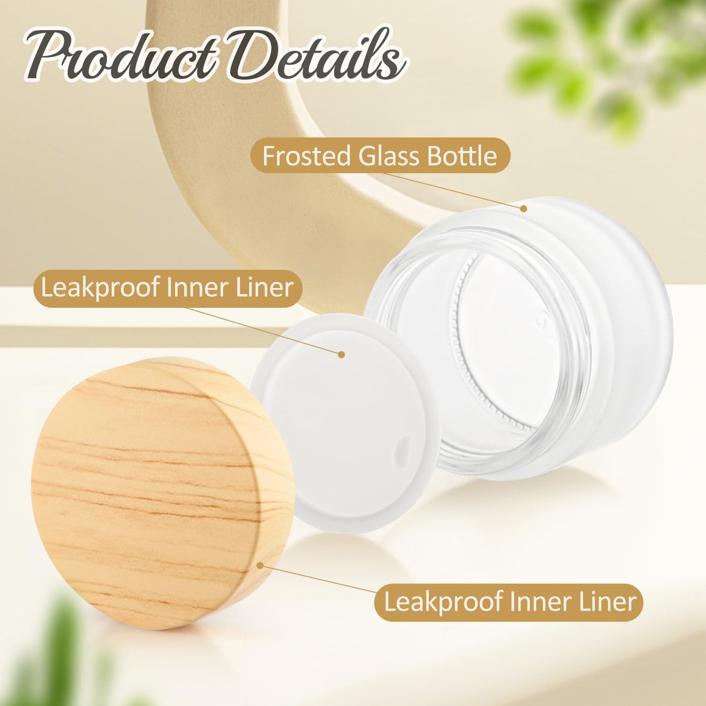8 Pcs 50ml/1.7oz Cosmetic Containers Frosted Glass Jar Empty Leakproof Sample Jars with Wood Grain Printed Lids & Inner Liner for Cream Lotion Toiletries Lip Balm Makeup