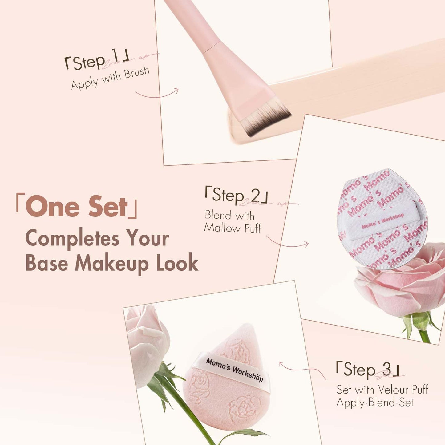 Momo's Workshop Rosy Reverie Trio Makeup Brush and Sponge Set–Pink & White 3-Piece Kit for Foundation and Powder& Fish Tail Brush, Flat Blending Sponge & Velour Powder Puff for a Flawless Finish