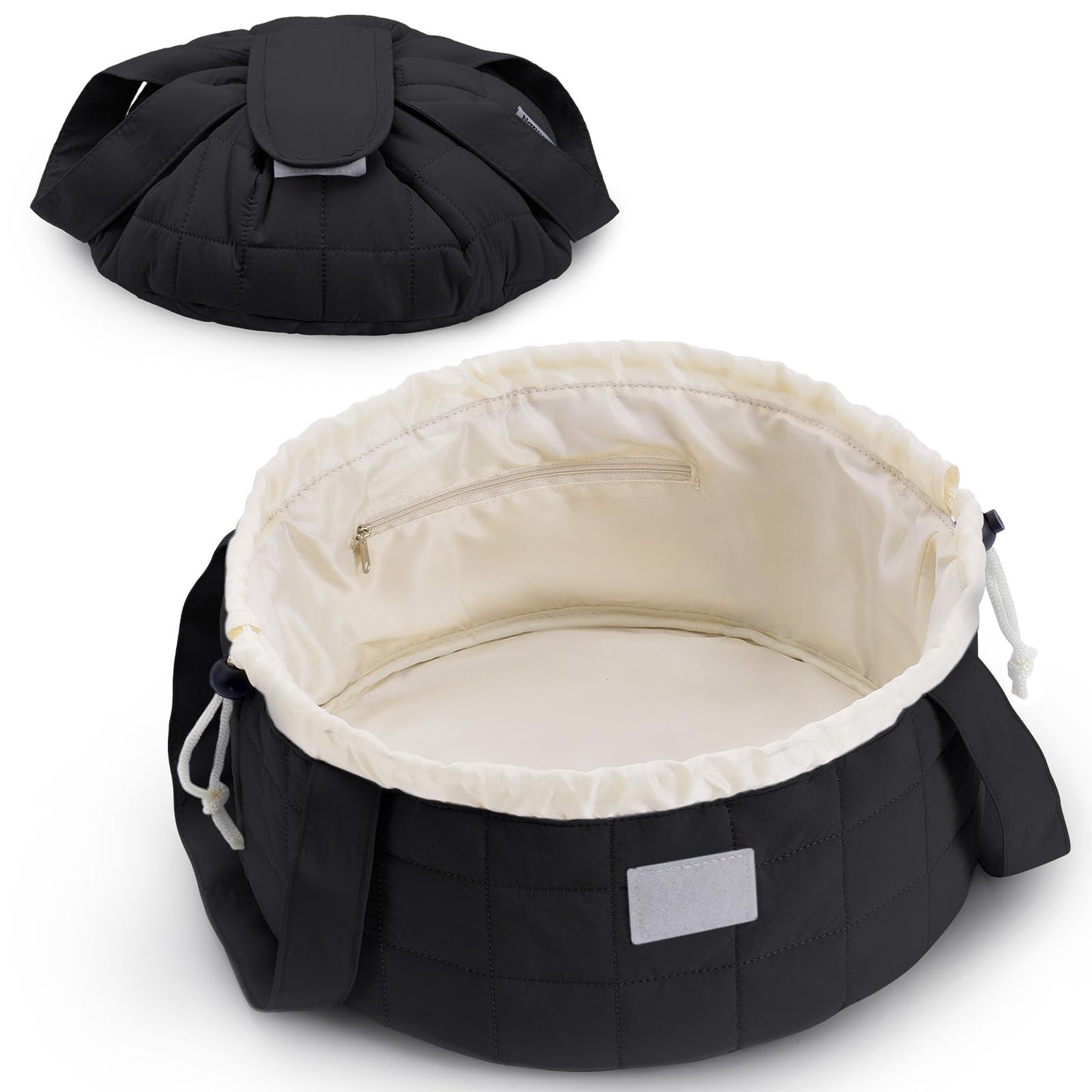 Narwey Lay Flat Open Drawstring Puffer Makeup Bag, Large Quilted Cosmetic Bag for Women Girls, Cute Make up Bags with Handle, Travel Toiletry Bag for Skincare, Brushes & Travel Essentials (Black)