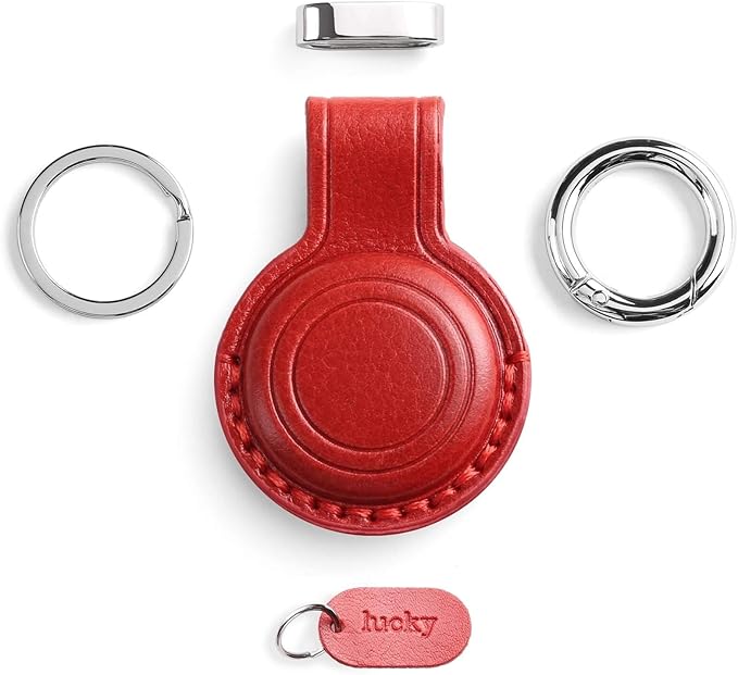 Genuine Leather Keychain Holder Compatible with AirTag - Secure Case Cover Key Ring Chain Fob Accessories Intended for Air Tag - Dark Red