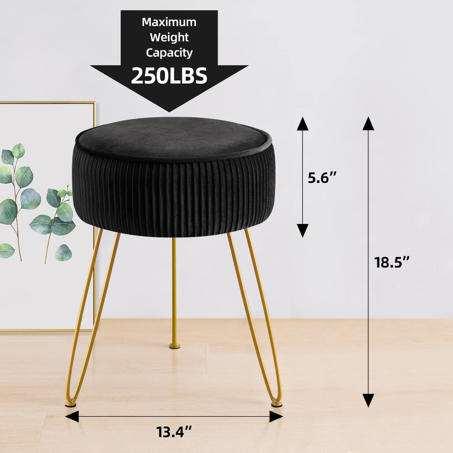 GERANT Multifunctional Vanity Stool,Modern Vanity Stools for Makeup Room,Velvet Round Ottoman Footrest Stool with Metal Legs, Upholstered Pleated Vanity Chair Stool for Living Room,Offices(Black)