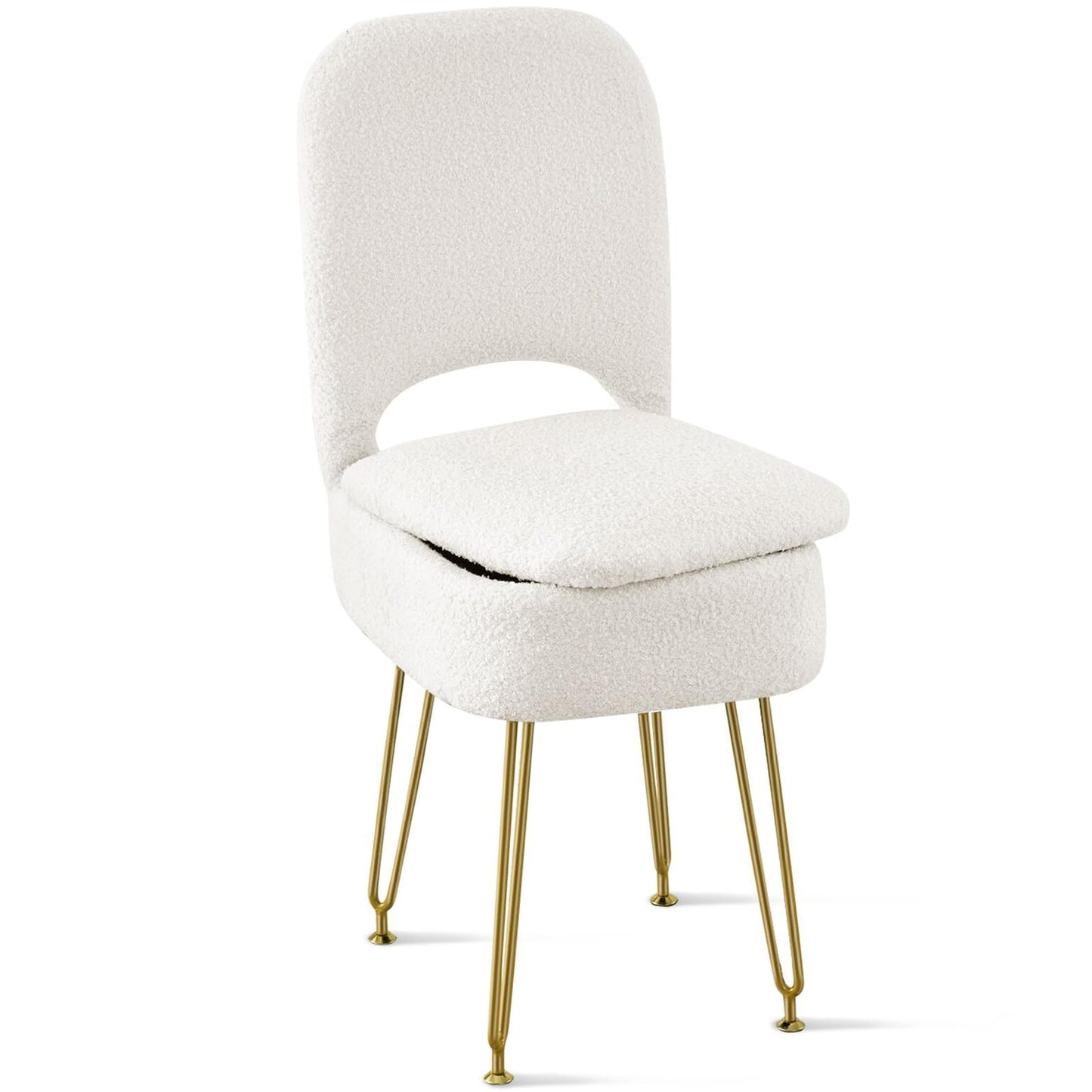 BRIAN & DANY Vanity Chair with Storage and Folding Back, Teddy Velvet Square Storage Chair, Vanity Stool Chair with 4 Metal Legs for Bedroom, Living Room and Makeup Stations, 13.4"x 15"x 30", White