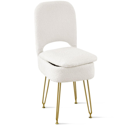 BRIAN & DANY Vanity Chair with Storage and Folding Back, Teddy Velvet Square Storage Chair, Vanity Stool Chair with 4 Metal Legs for Bedroom, Living Room and Makeup Stations, 13.4"x 15"x 30", White