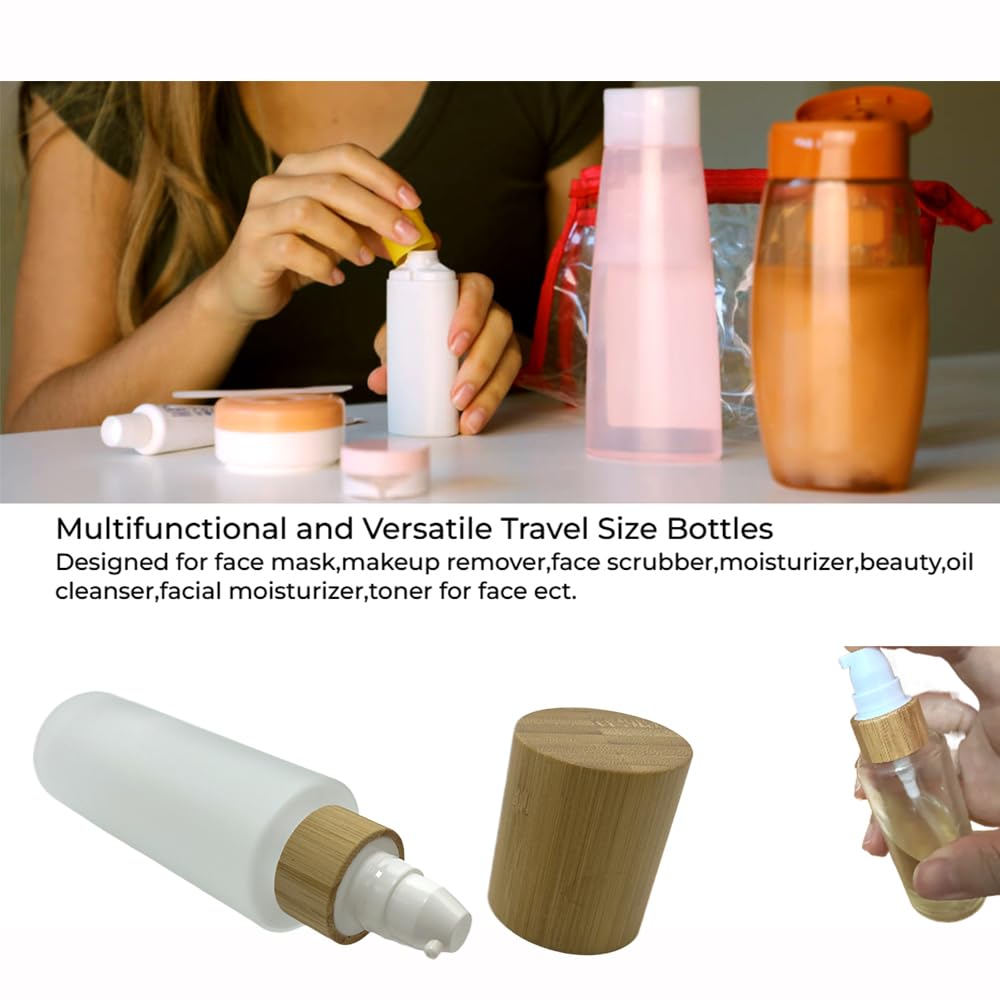 BEECO GIF2U Empty Cosmetic Bottles 3.3oz/100ml 4 PACK with Bamboo Cap,Frosted Glass Lotion Pump DispenserRefillable Emulsion Cosmetic Cream Bottles, Toiletries Refill Travel Containers(Frost Clear)