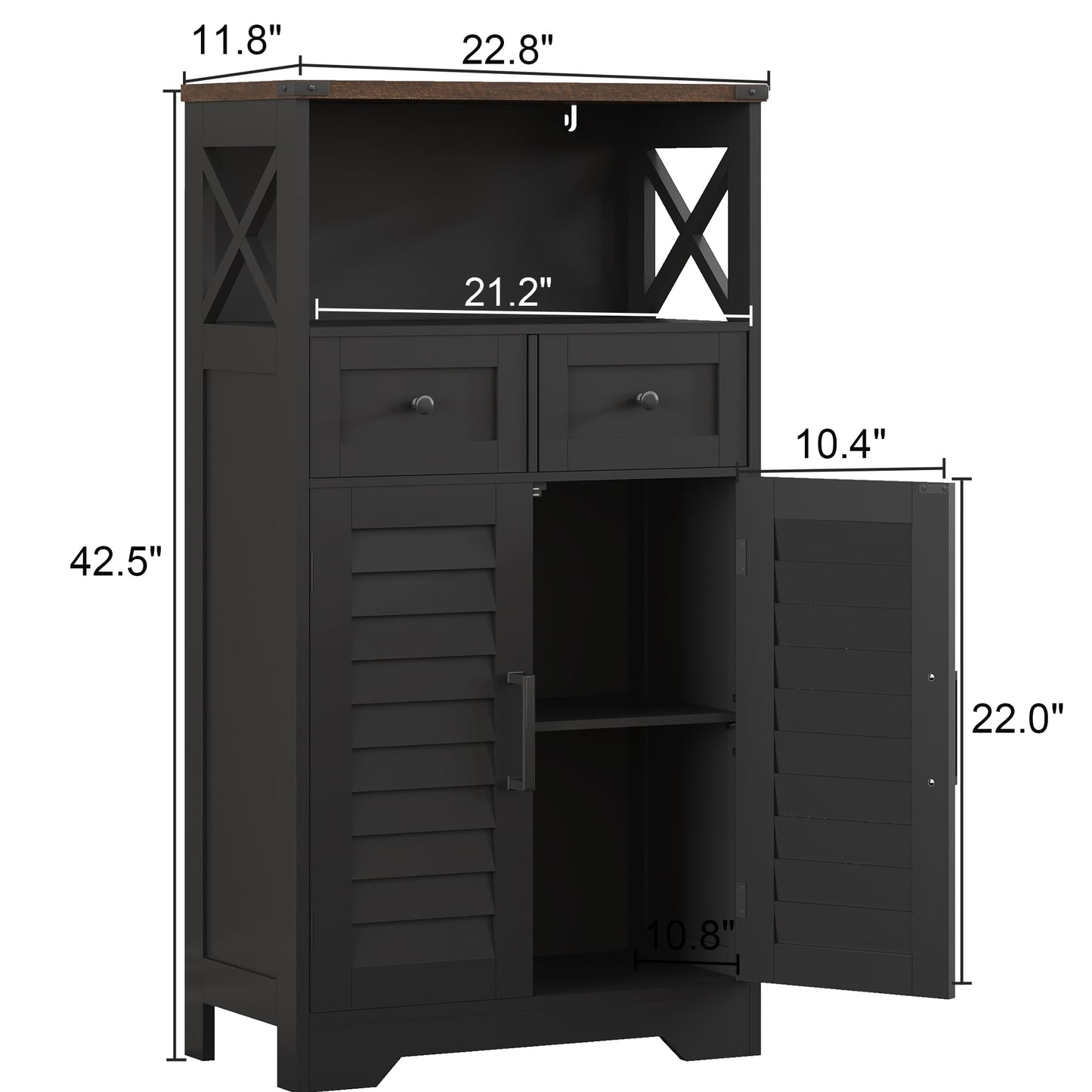 ChooChoo Farmhouse Storage Cabinet, Bathroom Floor Cabinet with Doors and Drawers, Kitchen Pantry Cabinet for Living Room, Laundry, Black