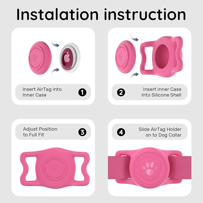 for AirTag Dog Collar Holder, Dog Air Tag Holder, IP68-Waterproof | Lightweight Silicone | Anti-Lost | Ultra-Durable | Compatible with Apple AirTags (Rose Red+Pink)
