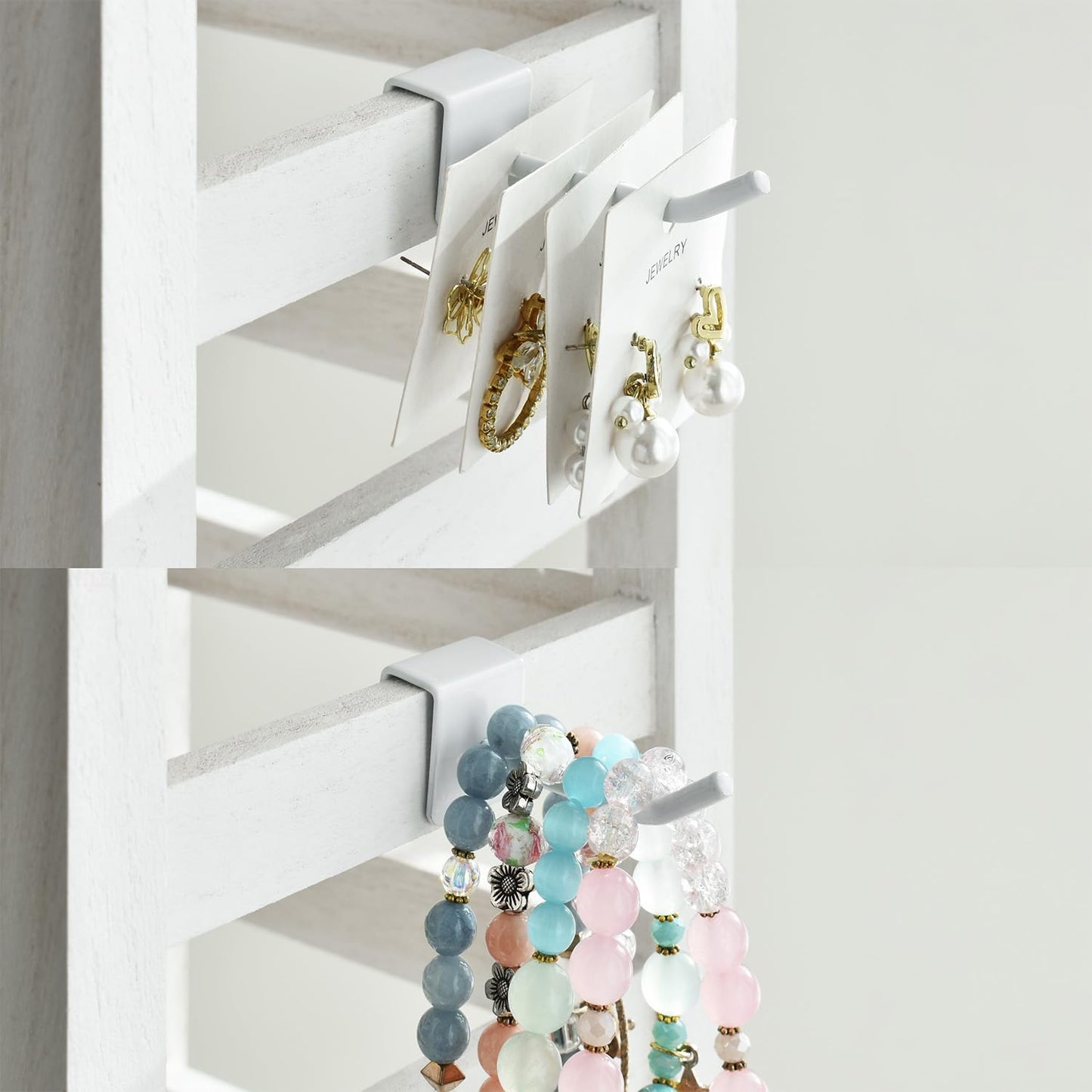 Ikee Design 5 Tiers Free Assemble Wooden Jewelry Display Rack with 20 Removable Metal Hooks,Earring Card Display Stand,Jewelry Organizer,Bracelet Organizer,Keychain Display Stand,Wash White