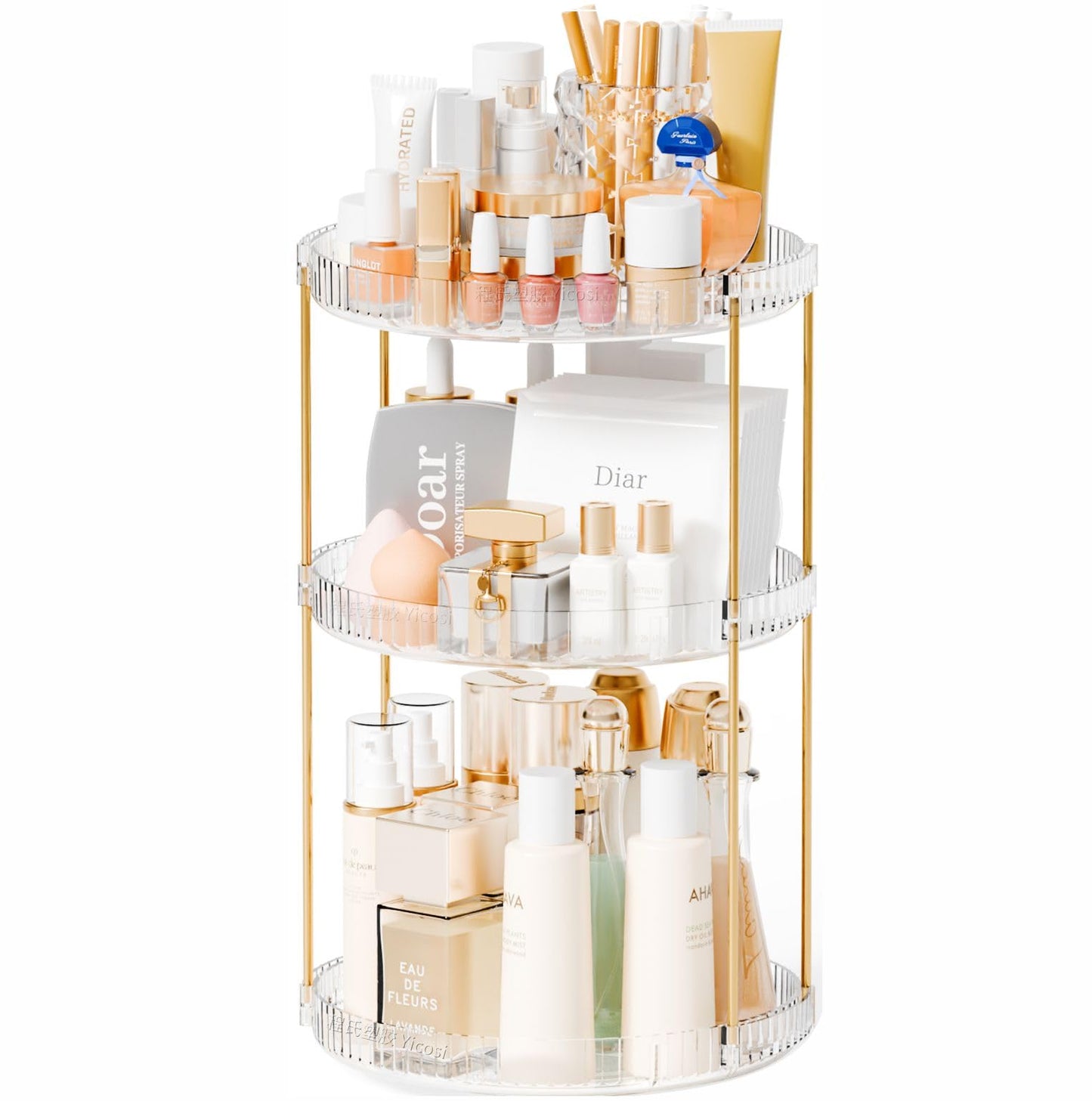 Yieach Acrylic 360 Rotating Makeup Organizer and Perfume Organizer,3 Tier Make Up Holder and Acrylic Skincare Organizers for Countertop,Vanity,Bathroom,Clear Spinning Beauty Organizer for Face Product