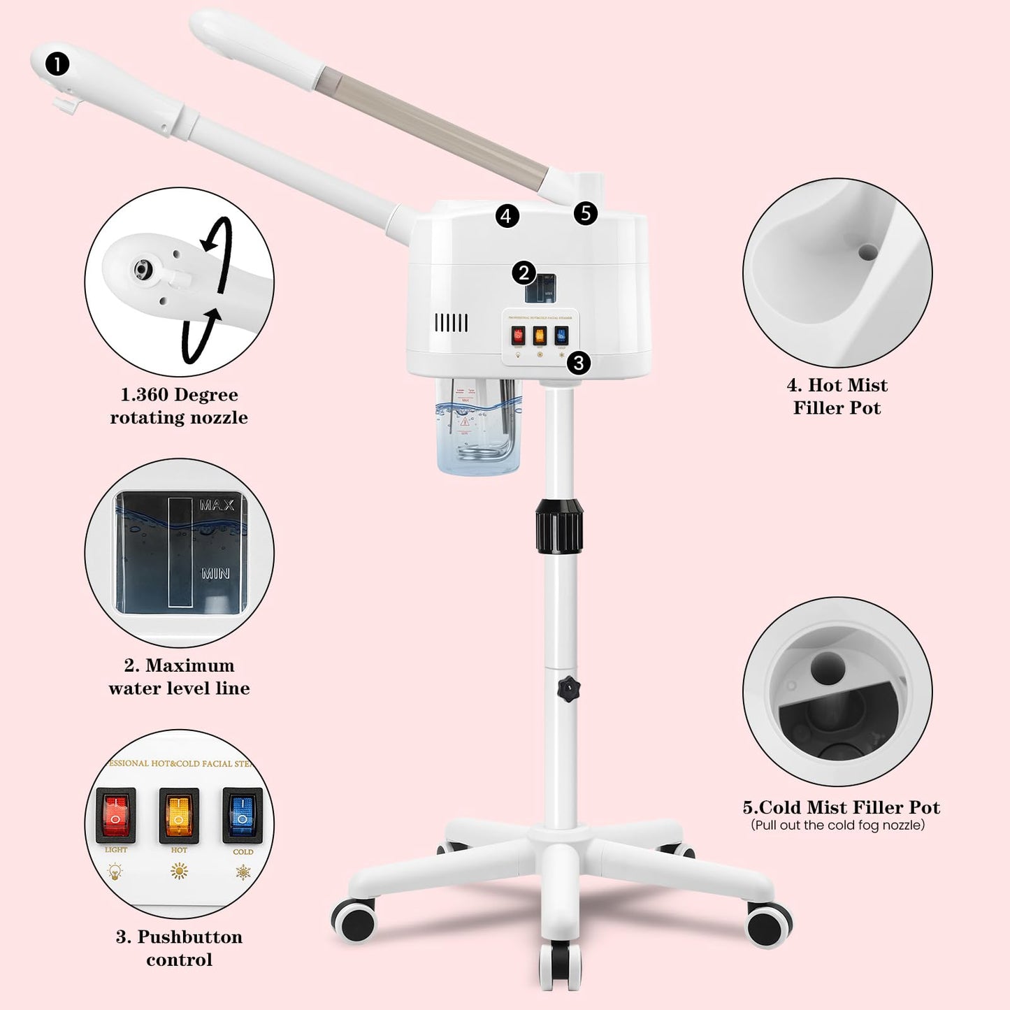 2 in 1 Hot & Cold Mist Facial Steamer, Professional Face Steamer on Wheels for Beauty Salon, Spa and Home Use