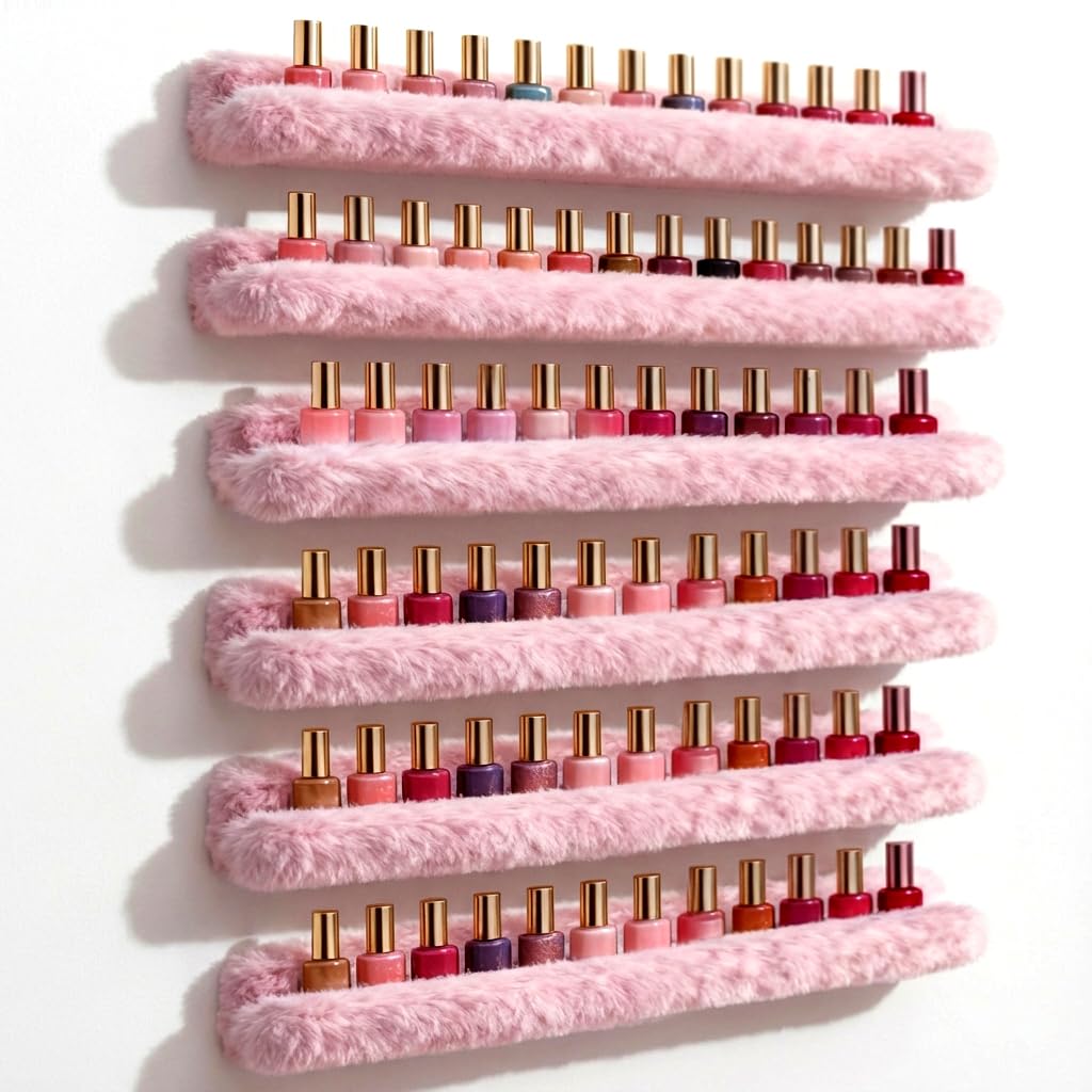 YMVV Nail Polish Wall Shelf - 15-Inch Furry Plush Display & Organizer Rack, Holds 60+ Polishes, Soft Ledge for Bedroom, Bathroom, Salon - Protects Bottles from Scratches，6 Pack Pink