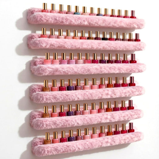 YMVV Nail Polish Wall Shelf - 15-Inch Furry Plush Display & Organizer Rack, Holds 60+ Polishes, Soft Ledge for Bedroom, Bathroom, Salon - Protects Bottles from Scratches，6 Pack Pink