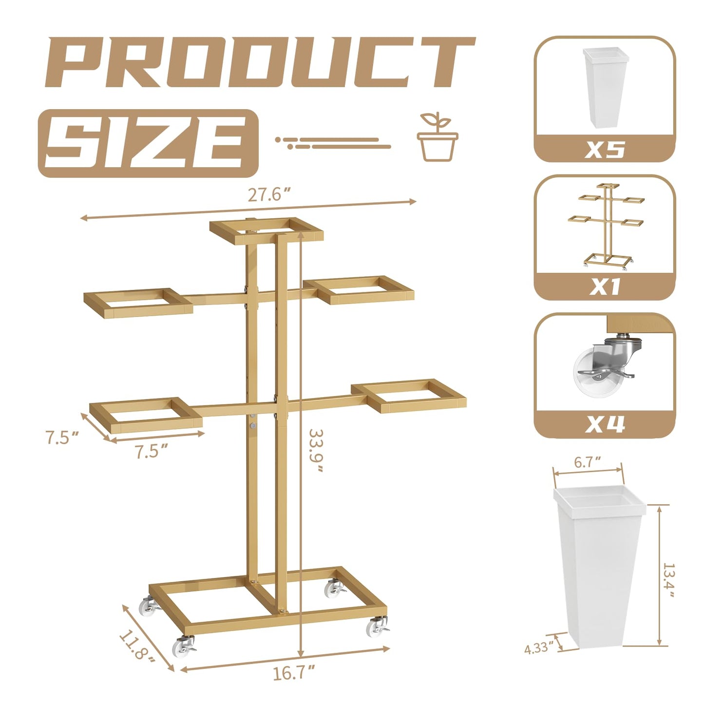 MILEFA Flower bar Stand with Buckets, Moving Flower Display Stand with Wheels, Metal Flower Cart for Bridal Shower, Wedding, Party, Garden, Gold