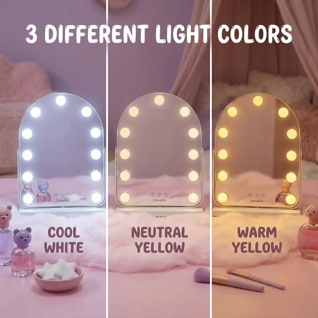 Glovalife, Arched Vanity Mirror with LED Lights, Hollywood Beauty Mirror, X15 Magnification, 11 Bulb, 360 Rotation, smart Touch Control 3 Colors Lighting, Table Desk Mirror, 12.6" x 17.3"