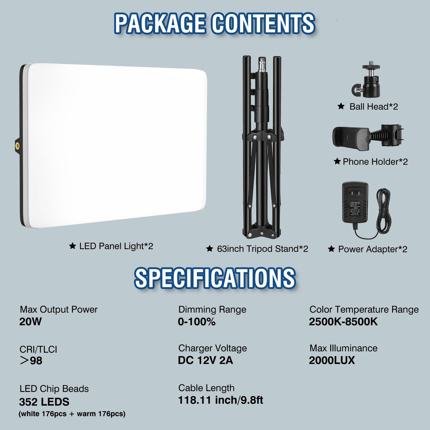 2-Pack LED Video Light Kit with 63'' Tripod Stand, 2500K-8500K Dimmable Studio Light Photography Panel Lighting for Video Recording Game Live Streaming Podcast YouTube Filming, Phone Holder
