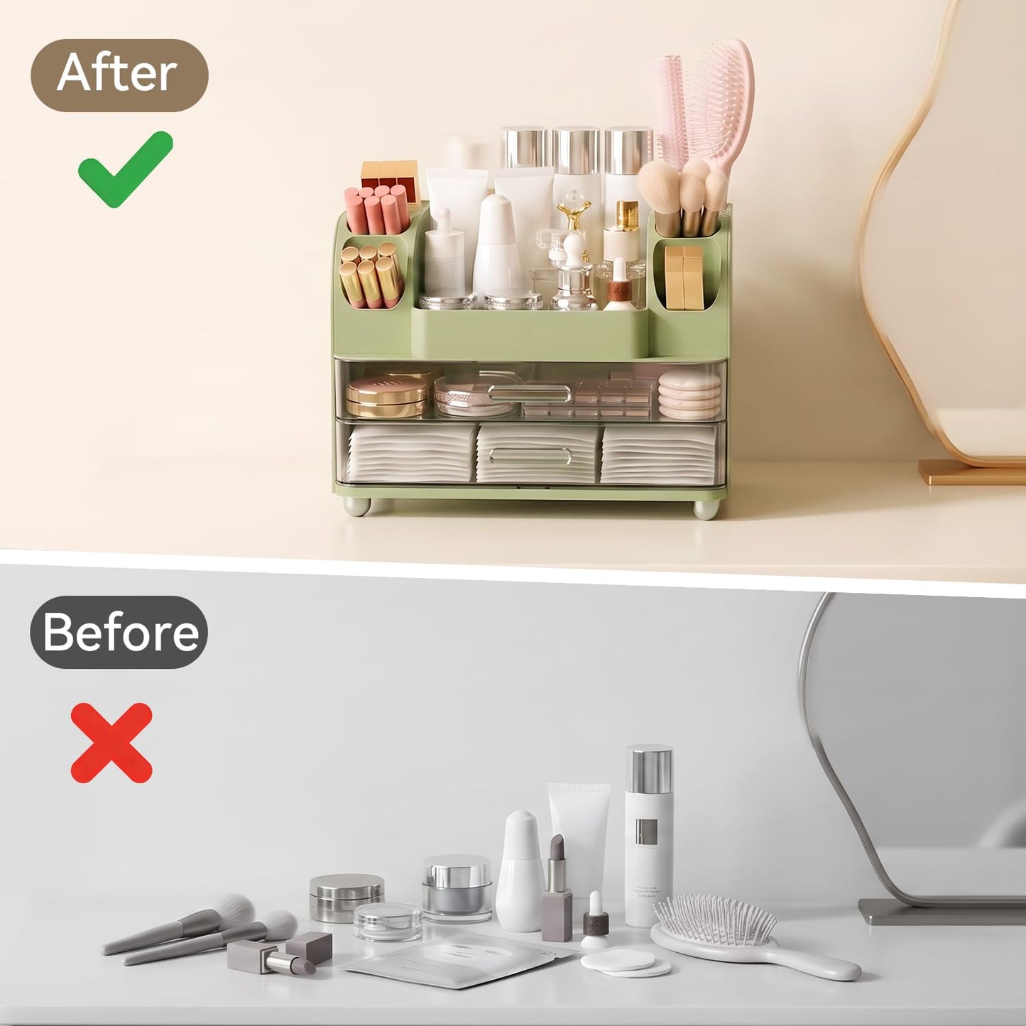 Brothersbox Makeup Organizer for Vanity with 2 Large Drawers and 6 Brush Holders, Large Bathroom Countertop Cosmetic Storage for Skincare, Lipstick, Nail Polish, Perfume, Gift for Women, Green