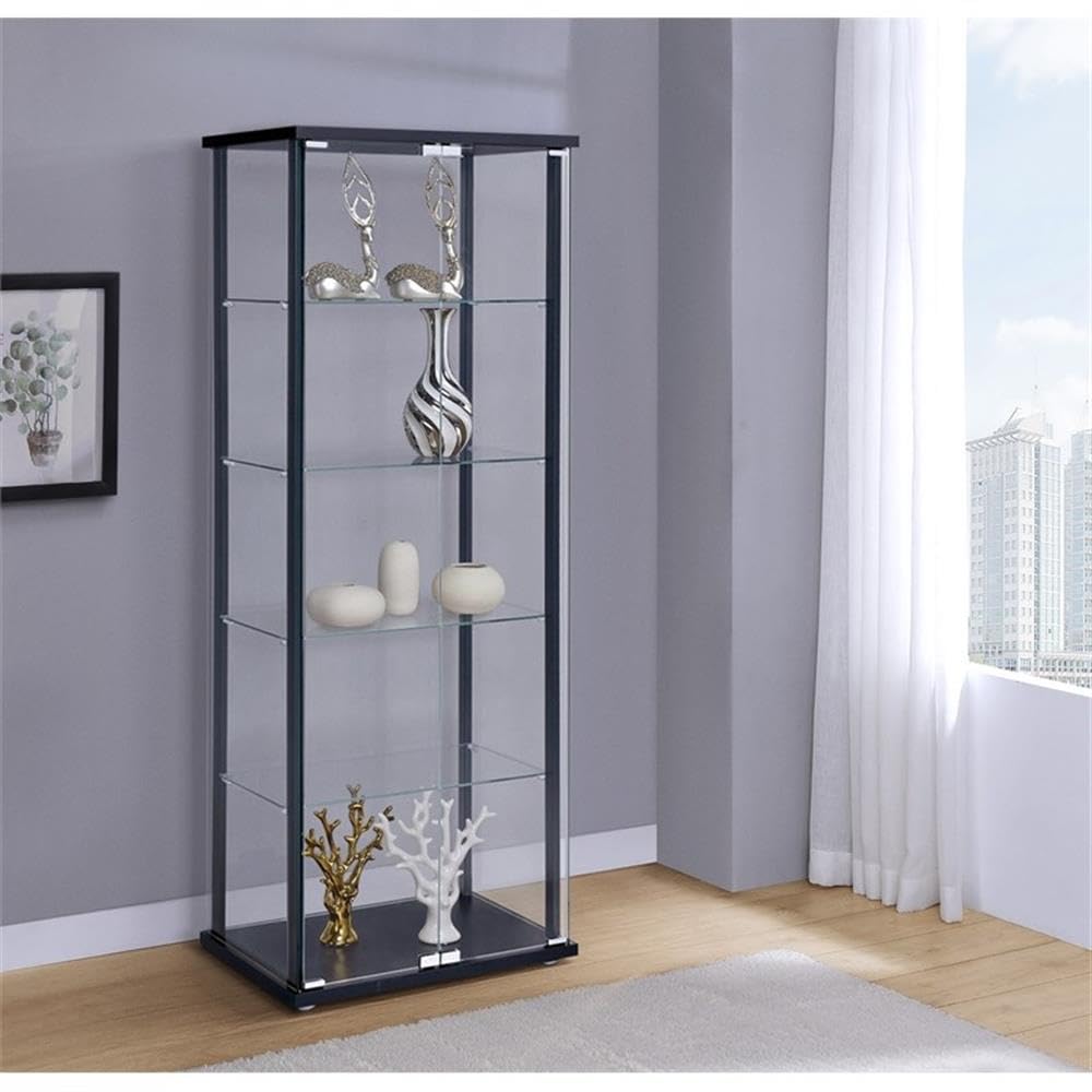 BOWERY HILL Contemporary Glass Wood Curio Cabinet, Black Finish, 5 Shelves, 64.25" H x 23.75" W x 14.5" D, Mirrored Back with Hinged Glass Door for Living Room or Dining Room Display